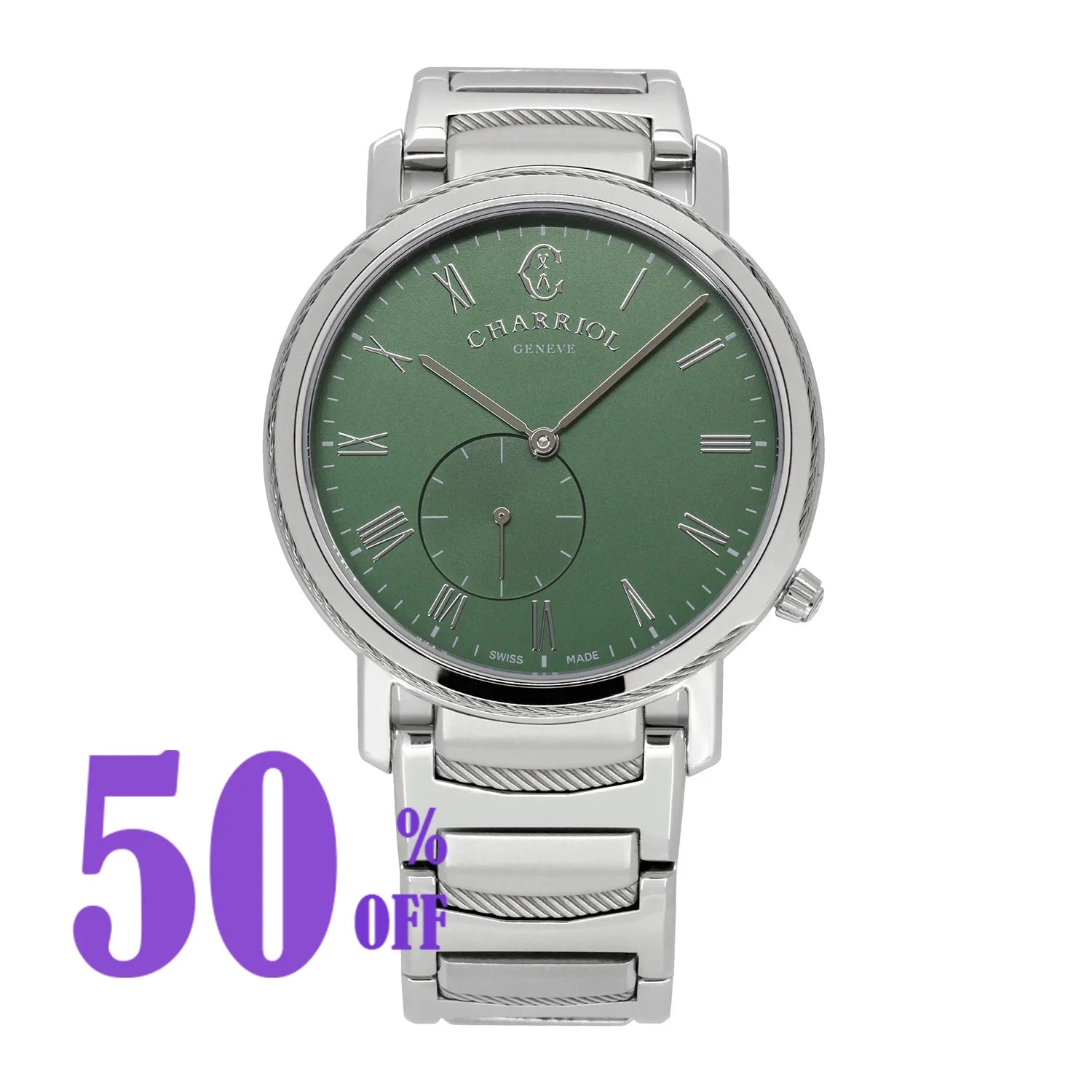 CELTIC® LEGACY, 40MM, QUARTZ CALIBRE, STEEL BEZEL, GREEN WITH ROMAN FIGURES DIAL, STEEL METAL BRACELET - BLACK FRIDAY