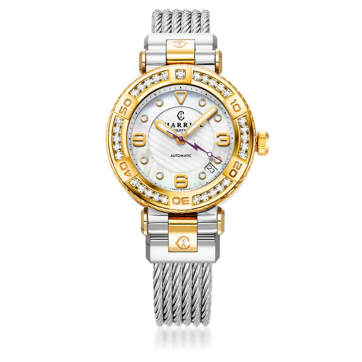 NAVIGATOR SURF, 36MM, AUTOMATIC CALIBRE, WHITE MOTHER-OF-PEARL AND SILVER WITH 8 DIAMONDS DIAL, STEEL YELLOW GOLD PVD WITH 30 CLEAR CUT DIAMONDS AND 6 CLEAR CUT DIAMONDS BEZEL, STEEL INTERCHANGEABLE CABLE BRACELET WITH YELLOW GOLD PVD ATTACHED - © 2024 Charriol -  Watch