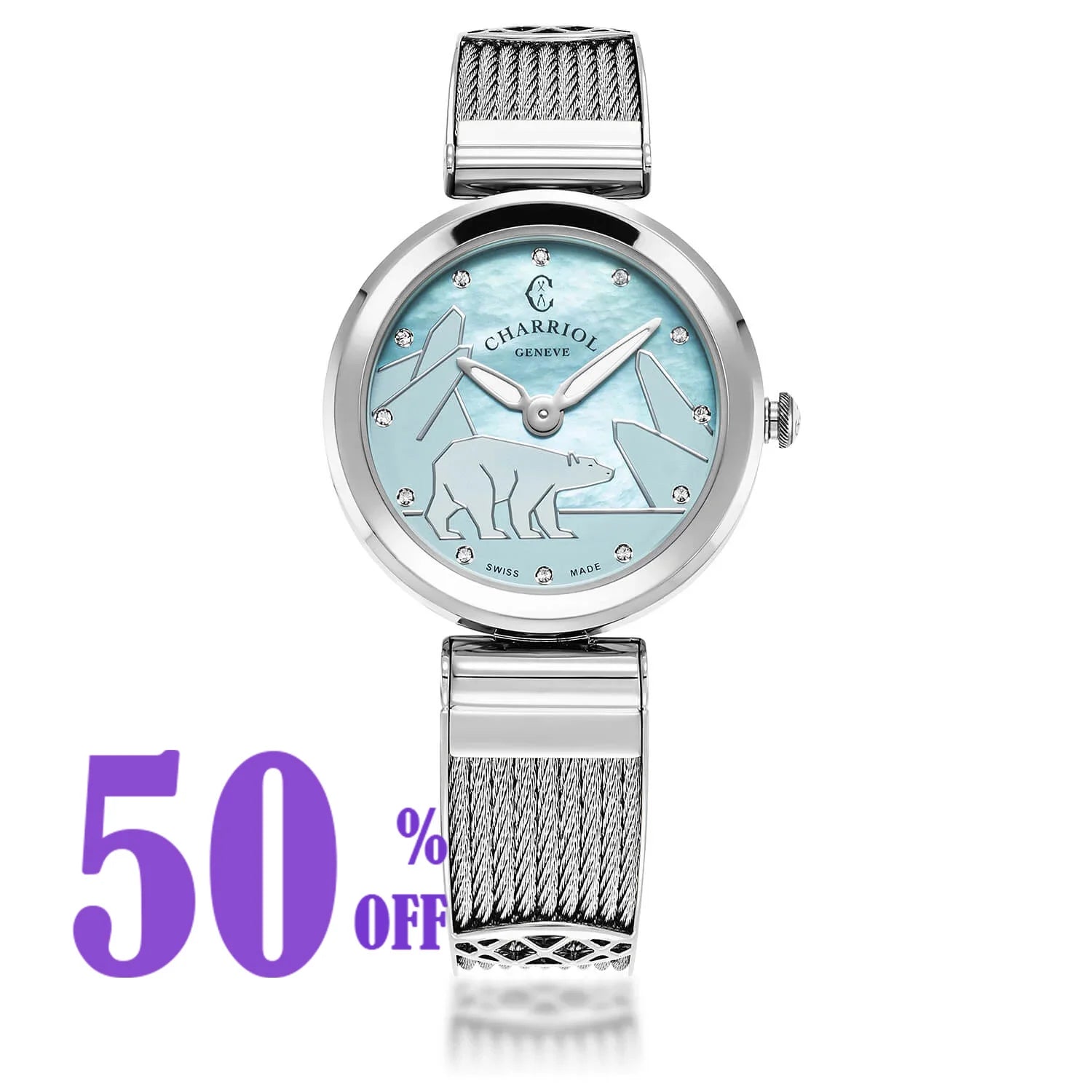 FOREVER™, 30MM, QUARTZ CALIBRE, STEEL BEZEL, ICE BLUE POLAR BEAR DIAL, STEEL BANGLE CABLE BRACELET - BLACK FRIDAY