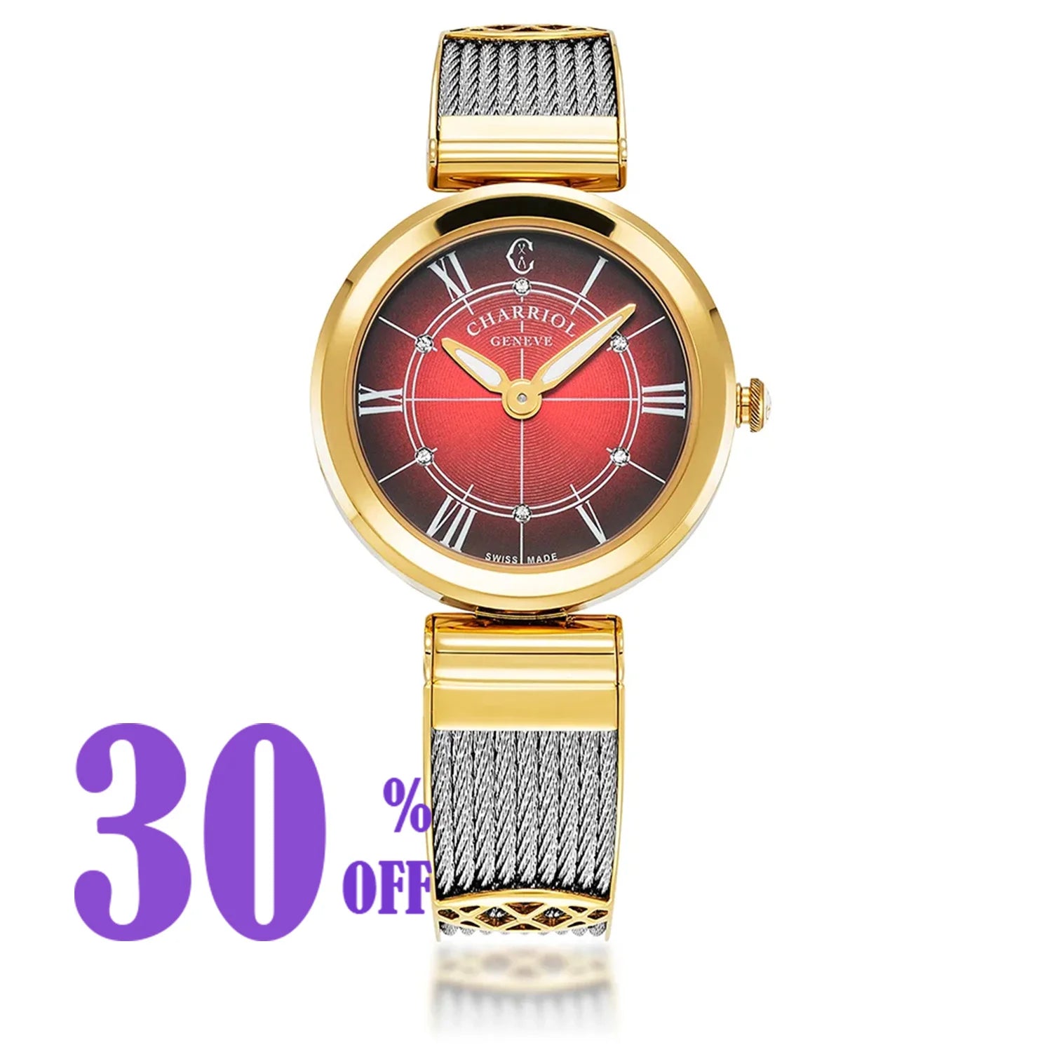 FOREVER™, 32MM, QUARTZ CALIBRE, STEEL YELLOW GOLD PVD BEZEL, RED WITH ROMAN FIGURES DIAL, STEEL BANGLE CABLE BRACELET - BLACK FRIDAY - ©2024 Philippe Charriol International Ltd. -  Watch