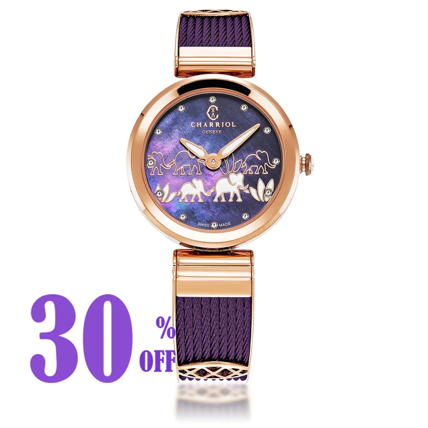 FOREVER™, 32MM, QUARTZ CALIBRE, STEEL ROSE GOLD PVD BEZEL, PURPLE WITH WHITE ELEPHANTS DIAL, STEEL CABLE BANGLE BRACELET - BLACK FRIDAY