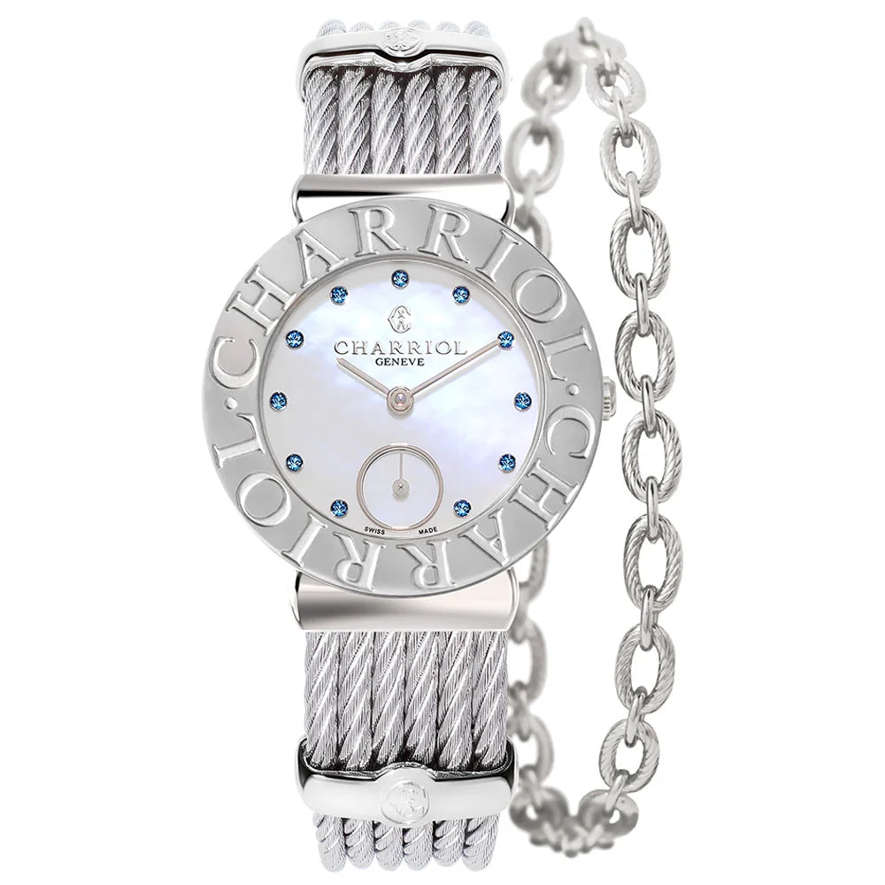 ST TROPEZ® ICON, 30MM, QUARTZ CALIBRE, STEEL "CHARRIOL CHARRIOL" BEZEL, WHITE MOP WITH 11 BLUE TOPAZ, STEEL CABLE BRACELET - BLACK FRIDAY - ©2024 Philippe Charriol International Ltd. -  Watch