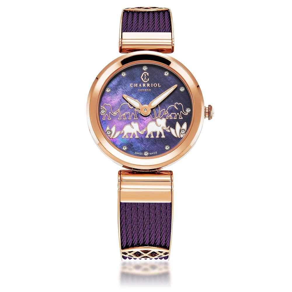 FOREVER™, 32MM, QUARTZ CALIBRE, STEEL ROSE GOLD PVD BEZEL, PURPLE WITH WHITE ELEPHANTS DIAL, STEEL CABLE BANGLE BRACELET - BLACK FRIDAY - ©2024 Philippe Charriol International Ltd. -  Watch