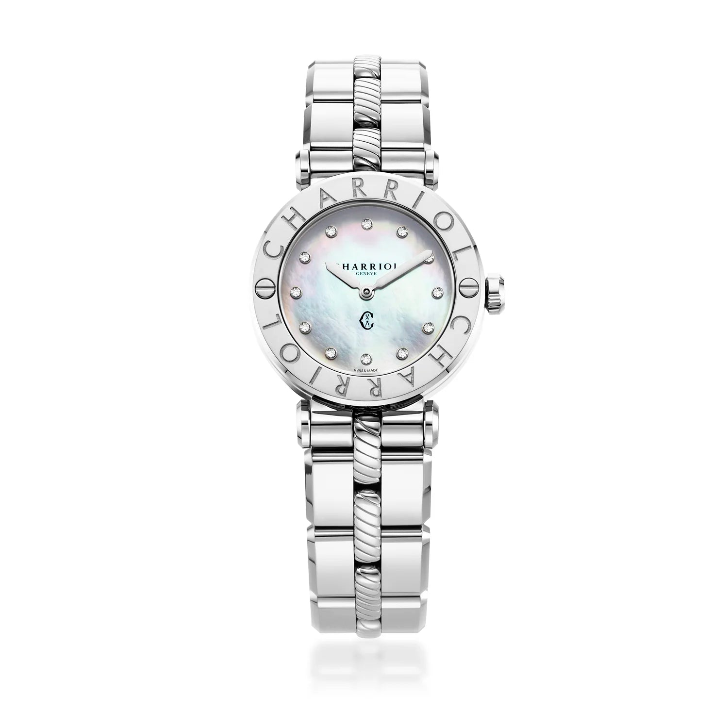 NAVIGATOR CRUISE, 28MM, QUARTZ CALIBRE, MOTHER-OF-PEARL WITH 12 DIAMONDS DIAL, "CHARRIOL CHARRIOL" BEZEL, STEEL INTERCHANGEABLE BRACELET - Charriol Geneve -  Watch