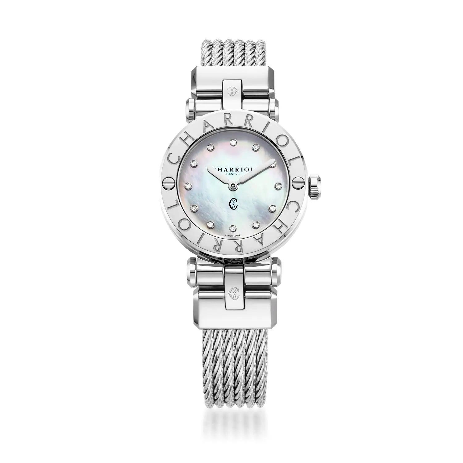 NAVIGATOR CRUISE, 28MM, QUARTZ CALIBRE, MOTHER-OF-PEARL WITH 12 DIAMONDS DIAL, "CHARRIOL CHARRIOL" BEZEL, STEEL CABLE INTERCHANGEABLE BRACELET - Charriol Geneve -  Watch