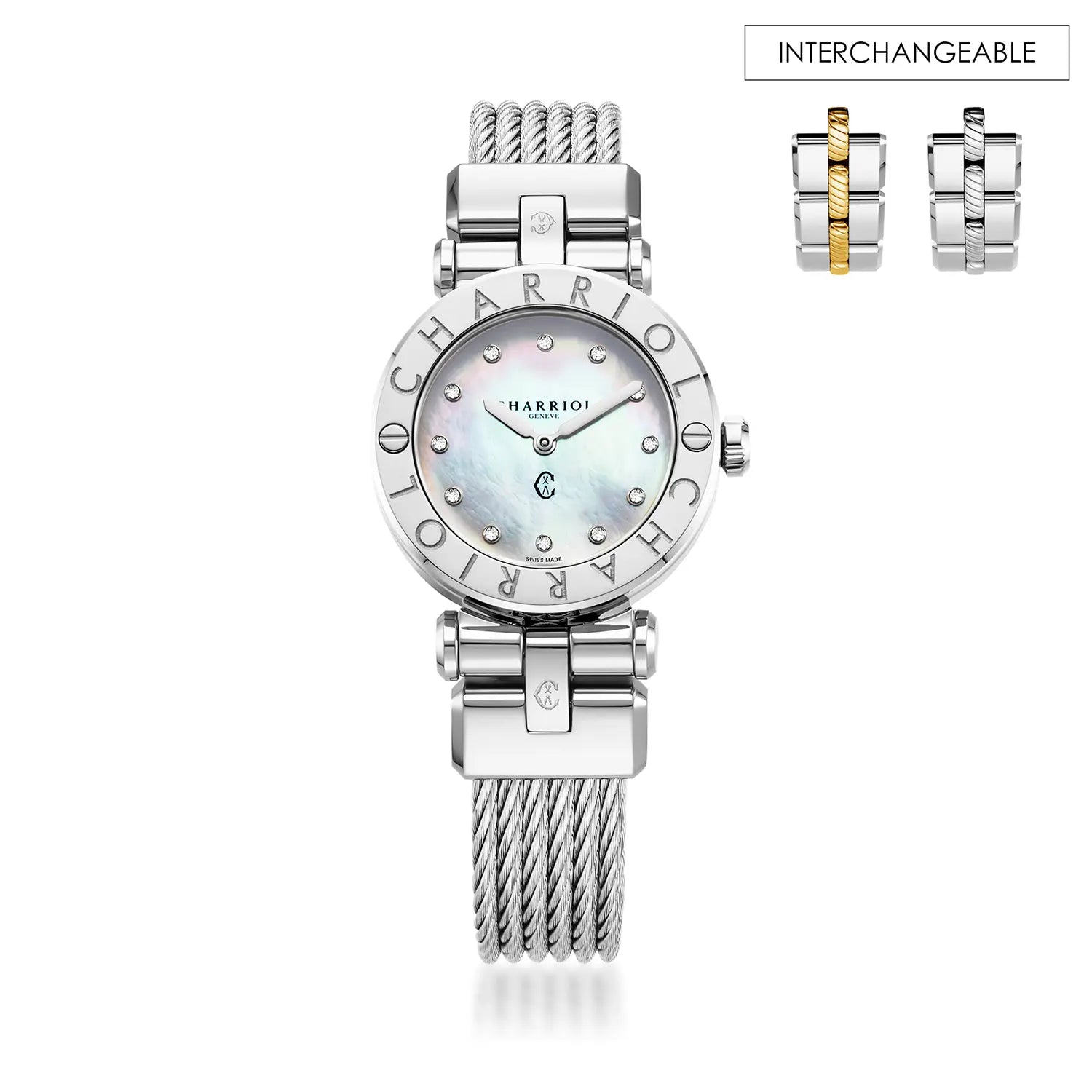 NAVIGATOR CRUISE, 28MM, QUARTZ CALIBRE, MOTHER-OF-PEARL WITH 12 DIAMONDS DIAL, "CHARRIOL CHARRIOL" BEZEL, STEEL CABLE INTERCHANGEABLE BRACELET - Charriol Geneve -  Watch