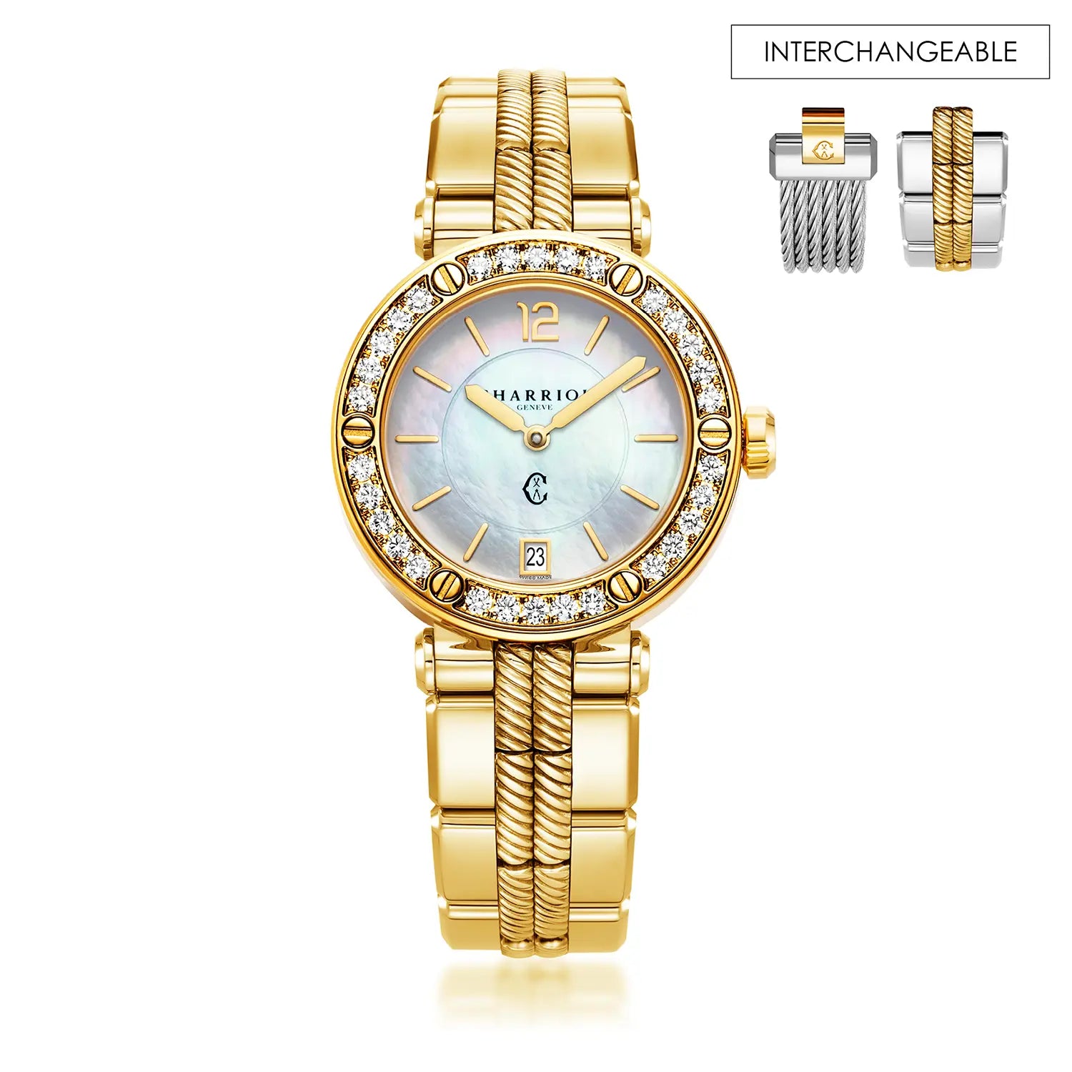 NAVIGATOR CRUISE, 36MM, QUARTZ CALIBRE, MOTHER-OF-PEARL DIAL, 30 DIAMONDS BEZEL, STEEL YELLOW GOLD PVD INTERCHANGEABLE BRACELET - Charriol Geneve -  Watch