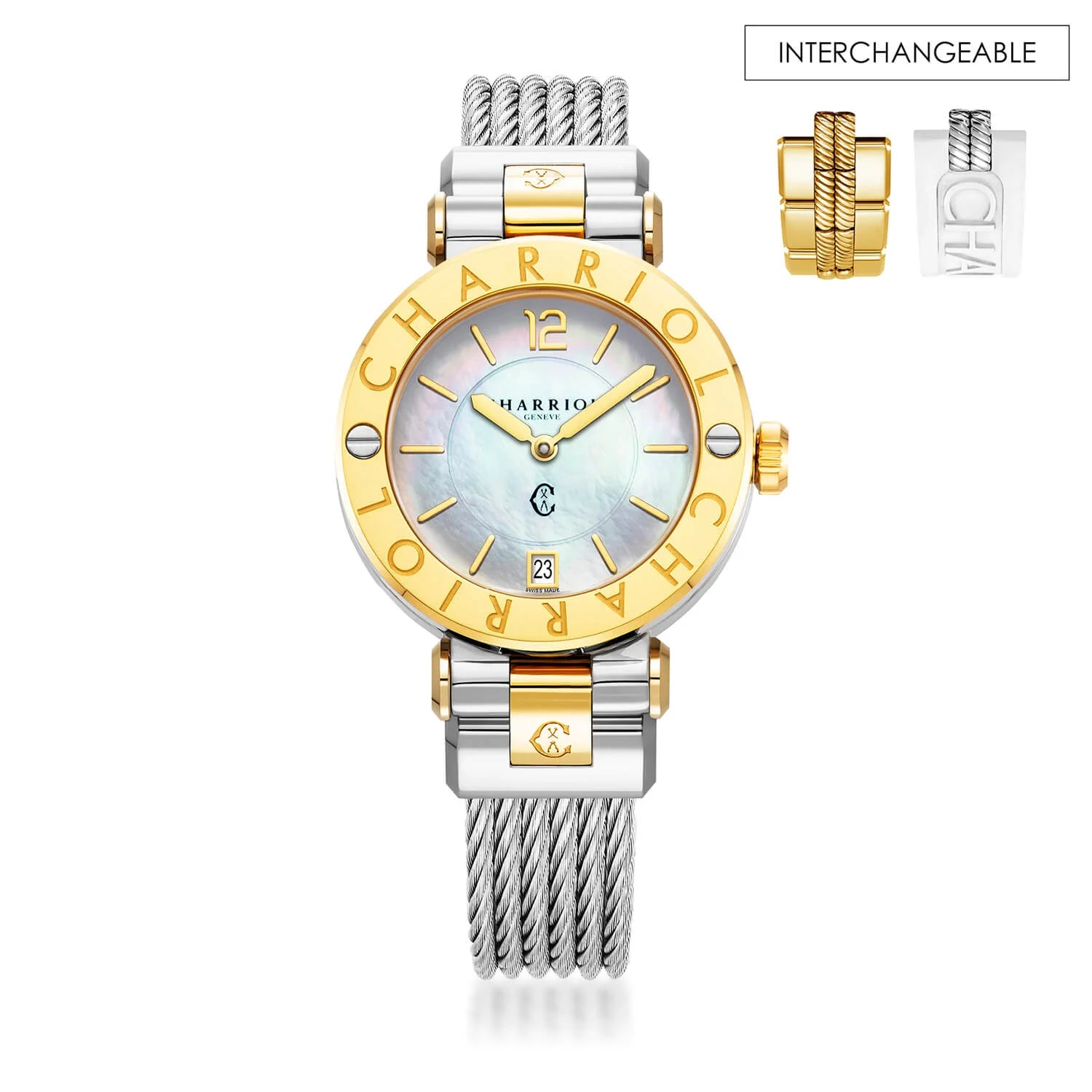 NAVIGATOR CRUISE, 36MM, QUARTZ CALIBRE, MOTHER-OF-PEARL DIAL, "CHARRIOL CHARRIOL" BEZEL, STEEL CABLE INTERCHANGEABLE BRACELET - Charriol Geneve -  Watch