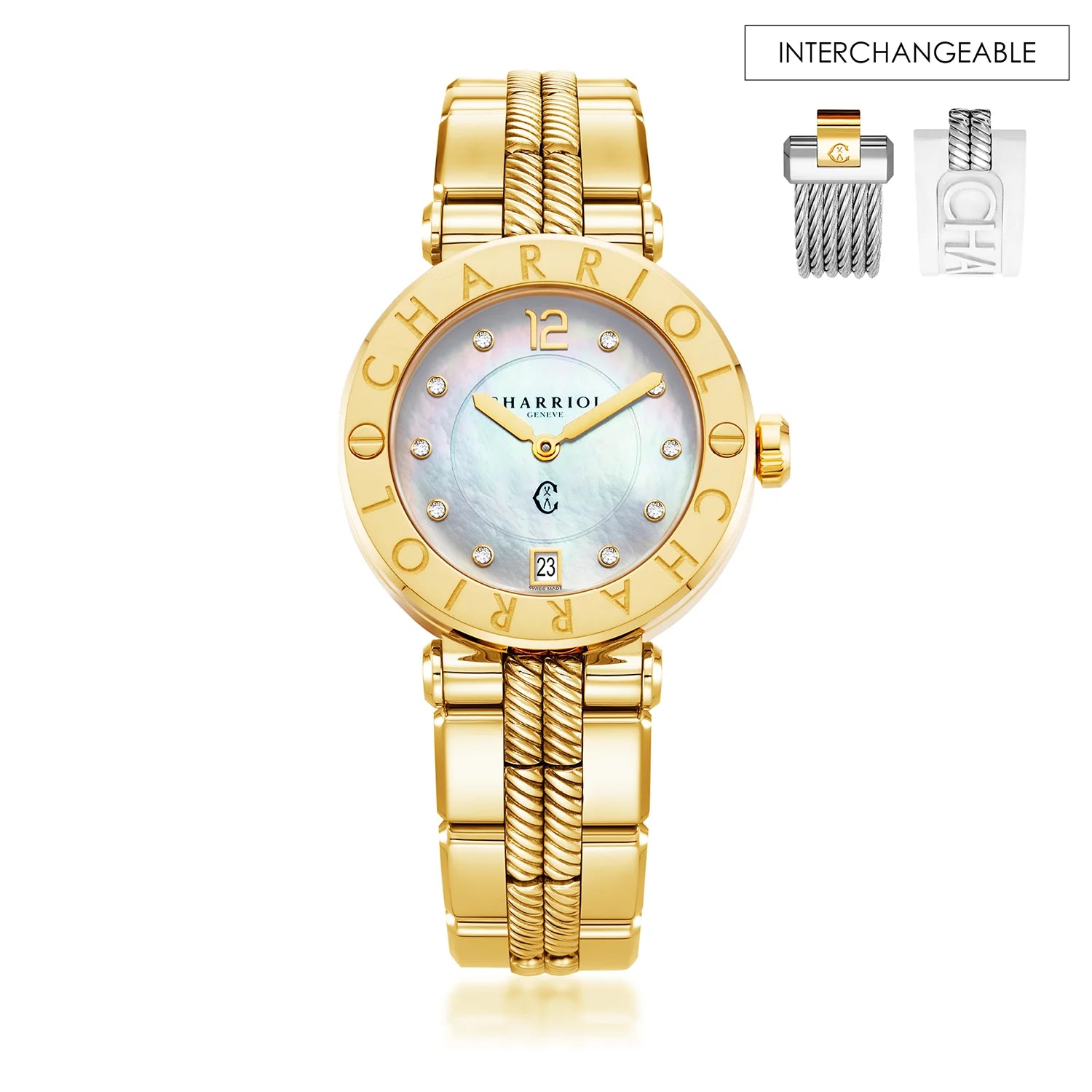 NAVIGATOR CRUISE, 36MM, QUARTZ CALIBRE, MOTHER-OF-PEARL WITH 10 DIAMONDS DIAL, "CHARRIOL CHARRIOL" BEZEL, STEEL YELLOW GOLD PVD INTERCHANGEABLE BRACELET - Charriol Geneve -  Watch