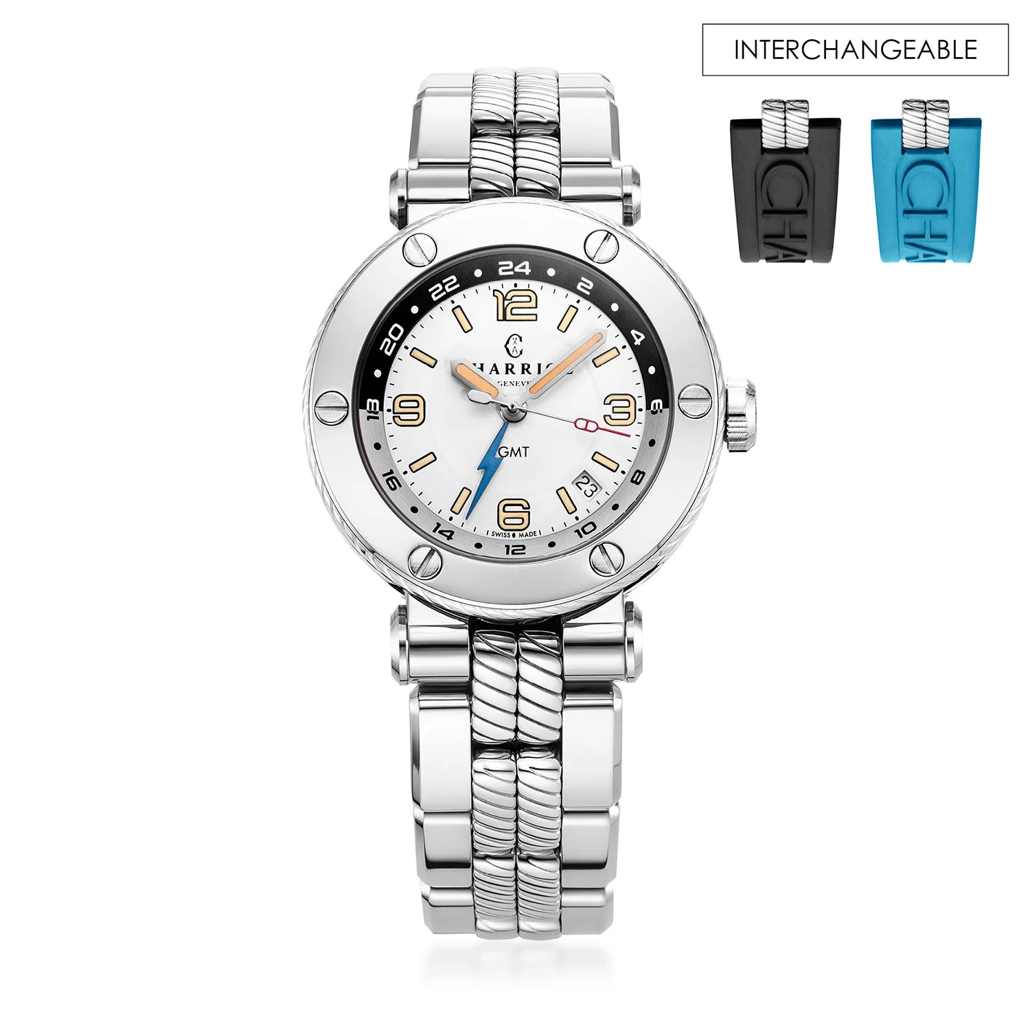 NAVIGATOR SURF GMT, 41MM, AUTOMATIC CALIBRE, WHITE DIAL, 6 SCREWS BEZEL, STEEL INTERCHANGEABLE BRACELET - Charriol Geneve -  Watch