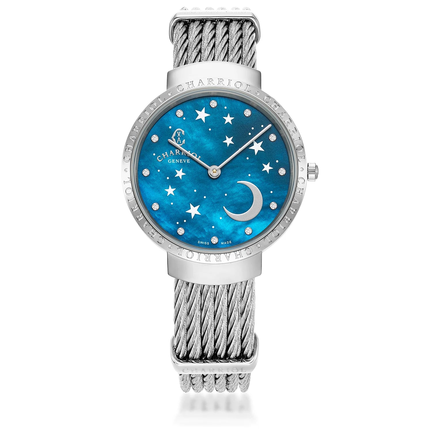 SLIM, 34MM, QUARTZ CALIBRE, BLUE MOTHER-OF-PEARL WITH 12 DIAMONDS, "CHARRIOL CHARRIOL" BEZEL, STEEL CABLE BRACELET - Charriol Geneve -  Watch