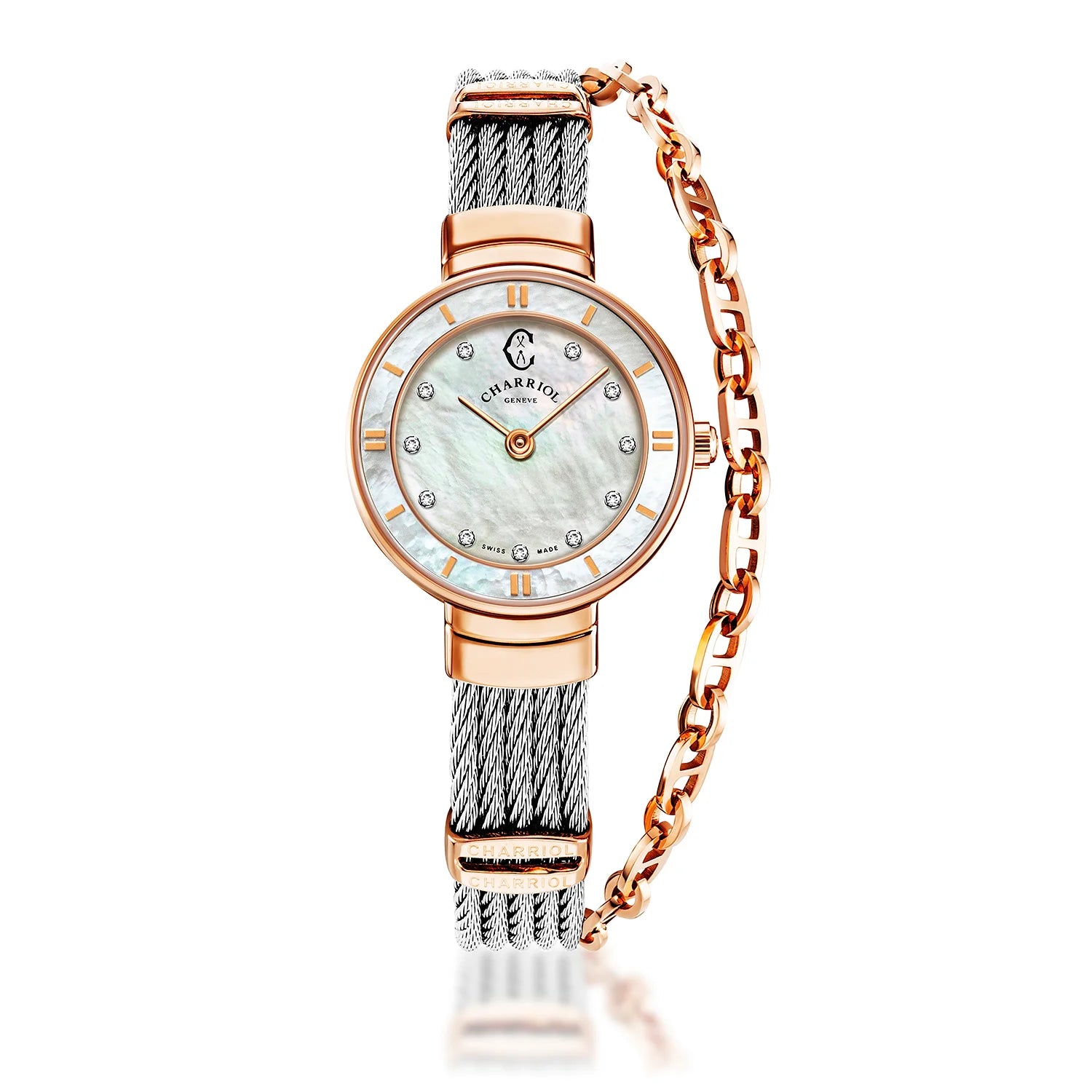 ST TROPEZ, 25MM, QUARTZ CALIBRE, MOTHER-OF-PEARL WITH 11 DIAMONDS DIAL, MOTHER-OF-PEARL BEZEL, STEEL CABLE BRACELET - Charriol Geneve -  Watch