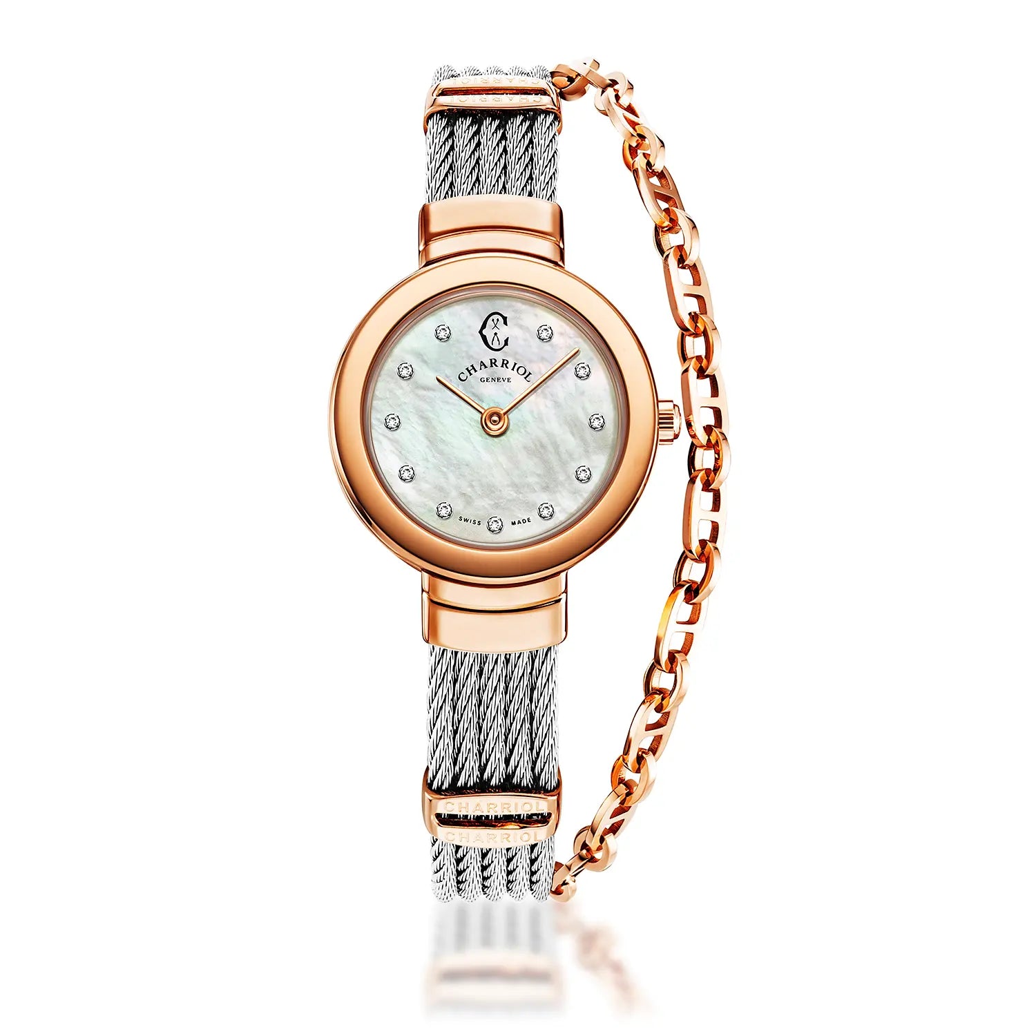 ST TROPEZ, 25MM, QUARTZ CALIBRE, MOTHER-OF-PEARL WITH 11 DIAMONDS DIAL, ROSE GOLD PVD BEZEL, STEEL CABLE BRACELET - Charriol Geneve -  Watch