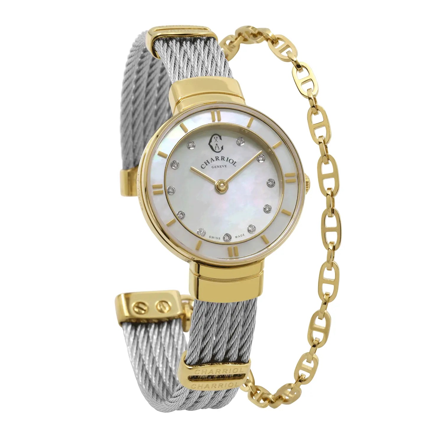 ST TROPEZ, 25MM, QUARTZ CALIBRE, MOTHER-OF-PEARL WITH 11 DIAMONDS DIAL, YELLOW GOLD PVD BEZEL, STEEL CABLE BRACELET - Charriol Geneve -  Watch