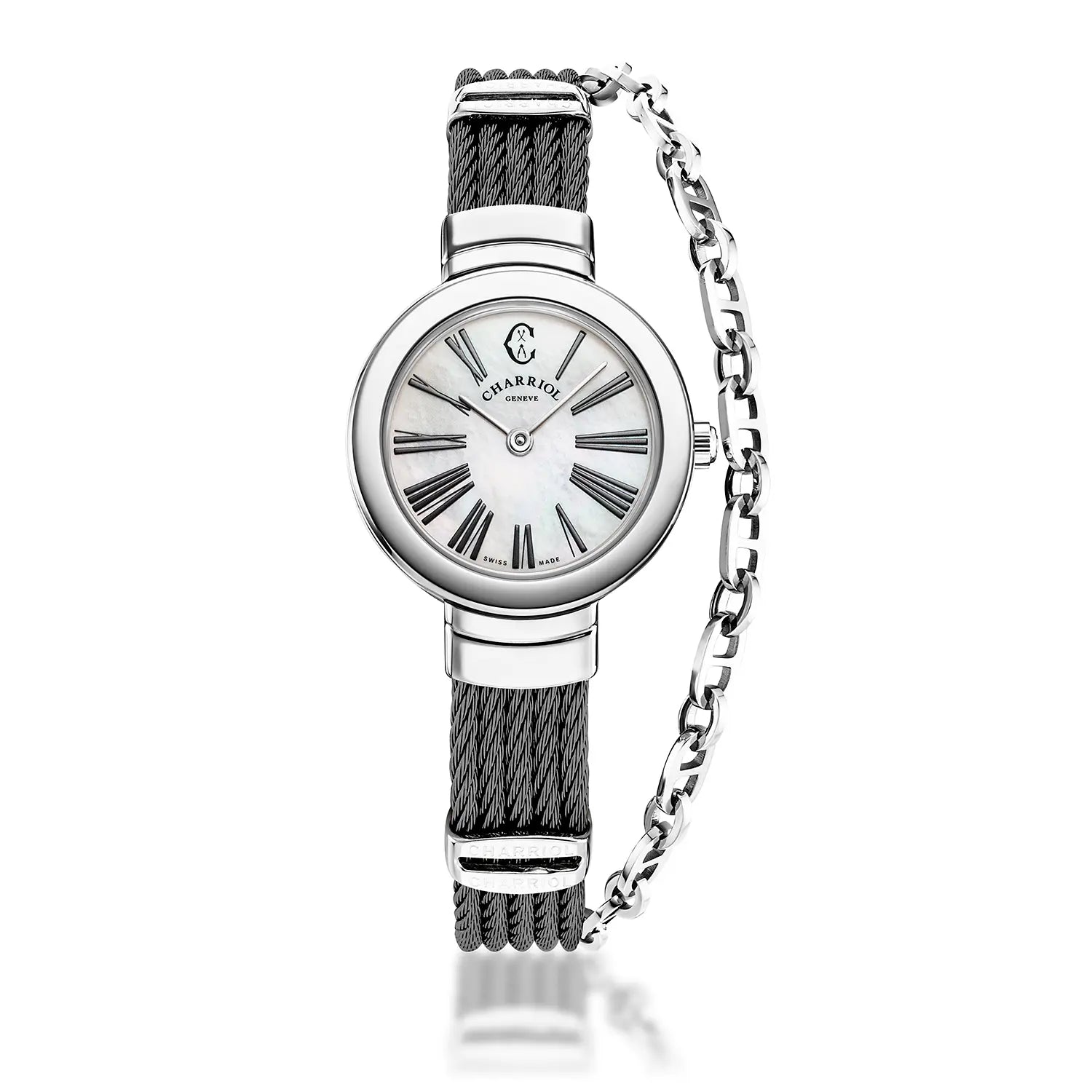 ST TROPEZ, 25MM, QUARTZ CALIBRE, WHITE MOTHER-OF-PEARL WITH ROMAN NUMERALS DIAL, STEEL BEZEL, STEEL BLACK PVD CABLE BRACELET - Charriol Geneve -  Watch