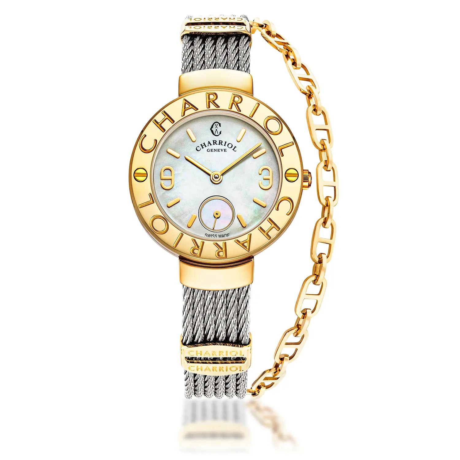 ST TROPEZ, 30MM, QUARTZ CALIBRE, MOTHER-OF-PEARL DIAL, "CHARRIOL CHARRIOL" BEZEL, STEEL CABLE BRACELET - Charriol Geneve -  Watch