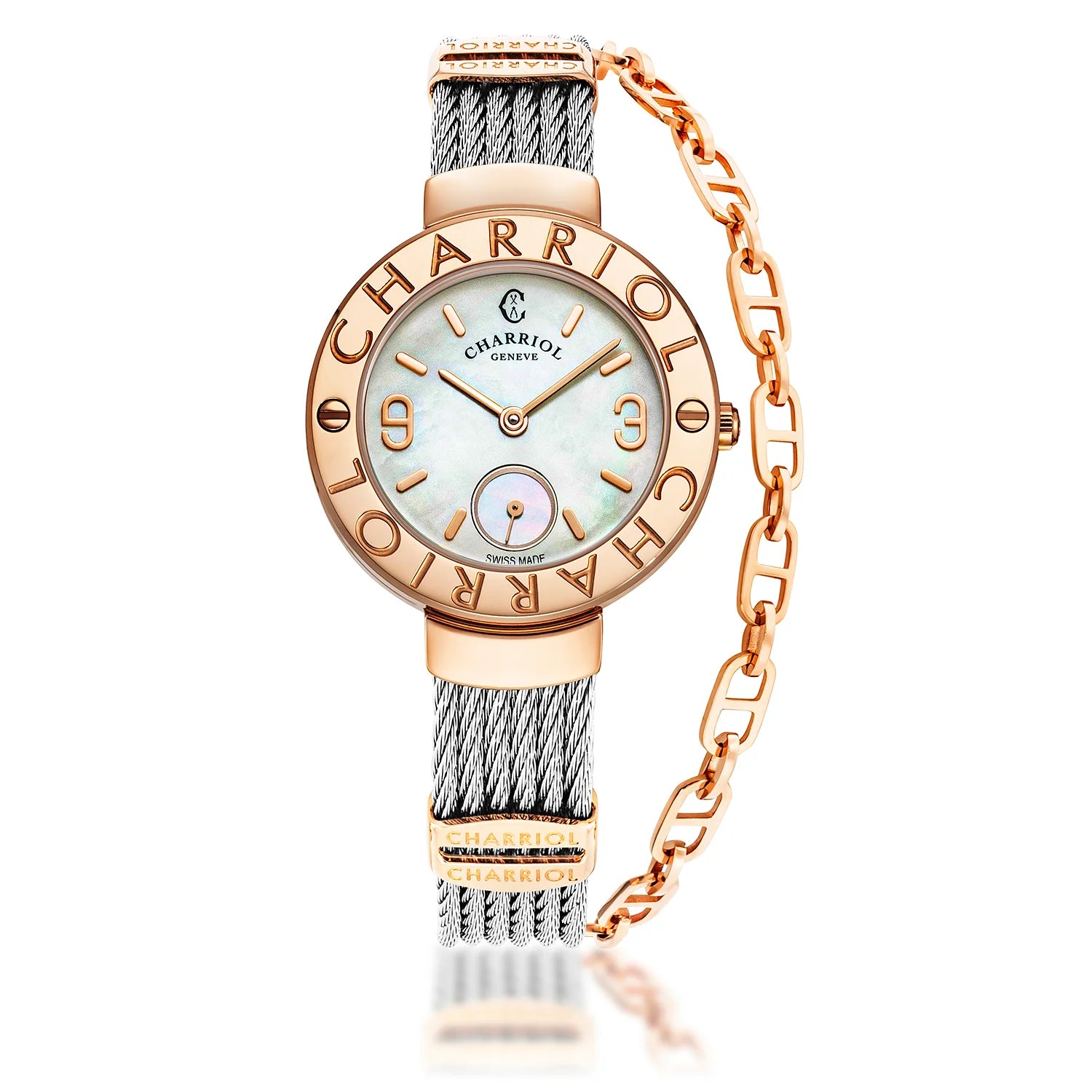 ST TROPEZ, 30MM, QUARTZ CALIBRE, MOTHER-OF-PEARL DIAL, "CHARRIOL CHARRIOL" BEZEL, STEEL CABLE BRACELET - Charriol Geneve -  Watch