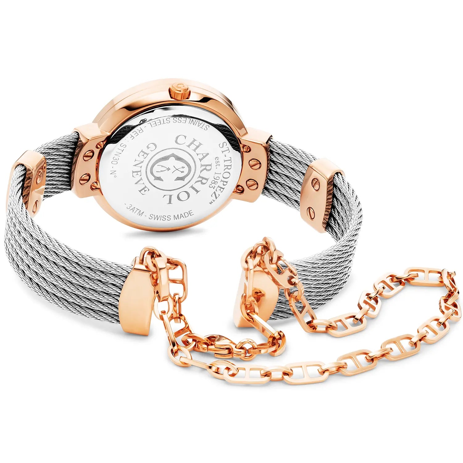 ST TROPEZ, 30MM, QUARTZ CALIBRE, MOTHER-OF-PEARL DIAL, ROSE GOLD PVD WITH 6 SCREWS BEZEL, STEEL CABLE BRACELET - Charriol Geneve -  Watch