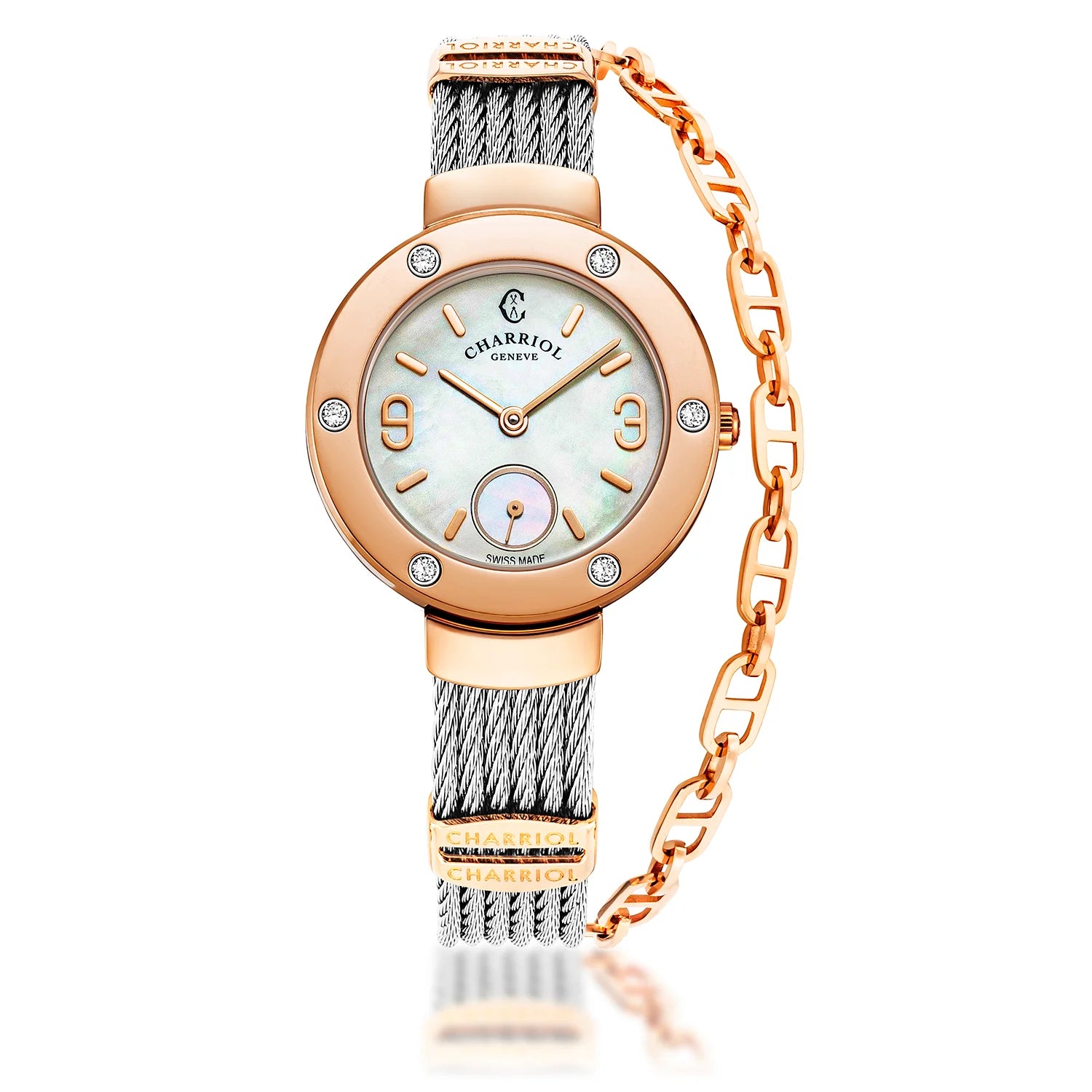 ST-TROPEZ, 30MM, QUARTZ CALIBRE, MOTHER-OF-PEARL DIAL, ROSE GOLD PVD WITH 6 DIAMONDS BEZEL, STEEL CABLE BRACELET - Charriol Geneve -  Watch