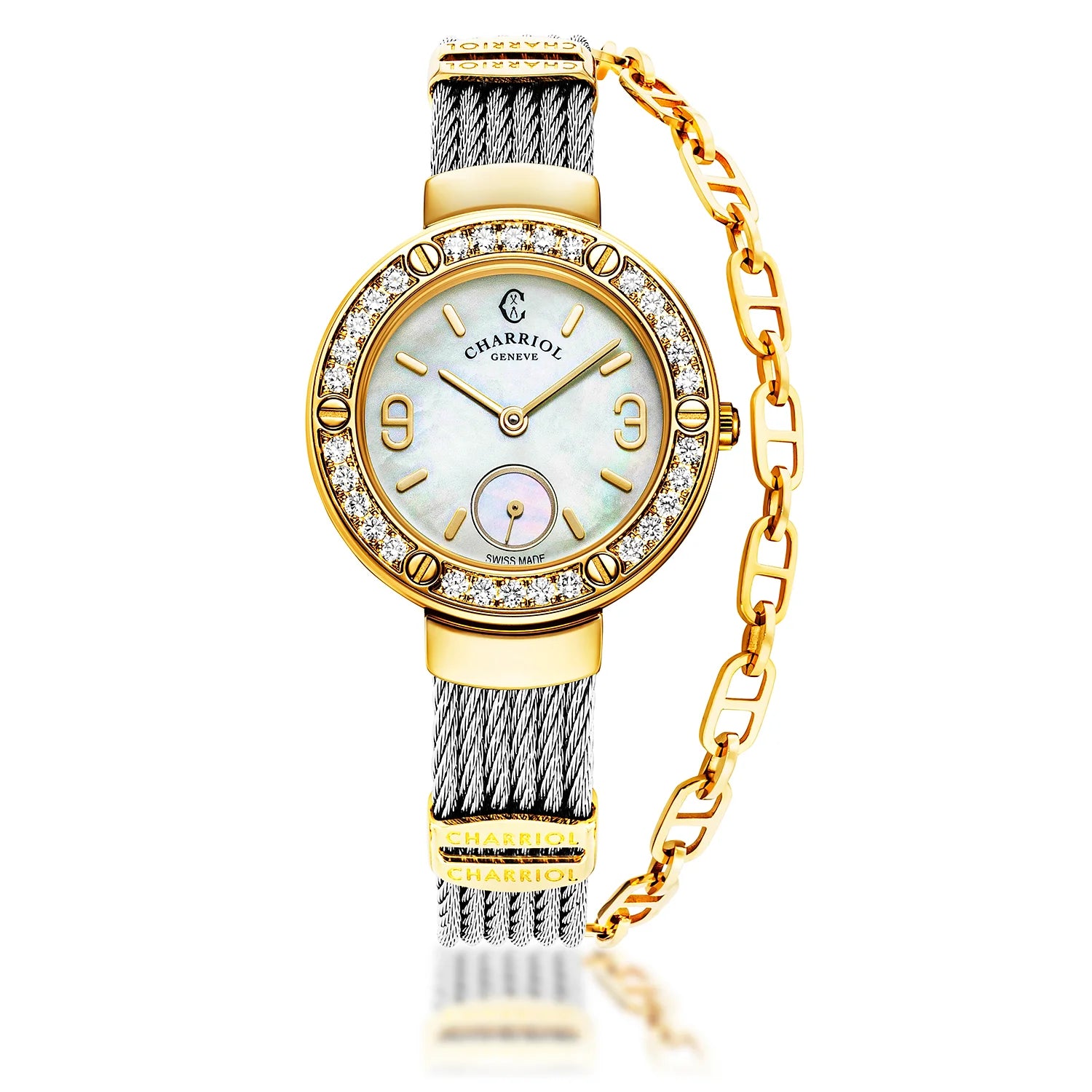 ST TROPEZ, 30MM, QUARTZ CALIBRE, MOTHER-OF-PEARL DIAL, YELLOW GOLD PVD WITH 30 DIAMONDS BEZEL, STEEL CABLE BRACELET - Charriol Geneve -  Watch