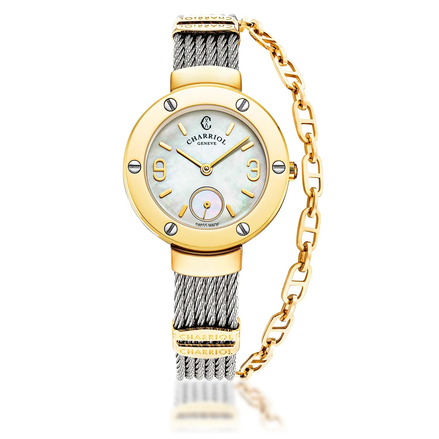 ST TROPEZ, 30MM, QUARTZ CALIBRE, MOTHER-OF-PEARL DIAL, YELLOW GOLD PVD WITH 6 SCREWS BEZEL, STEEL CABLE BRACELET - Charriol Geneve -  Watch