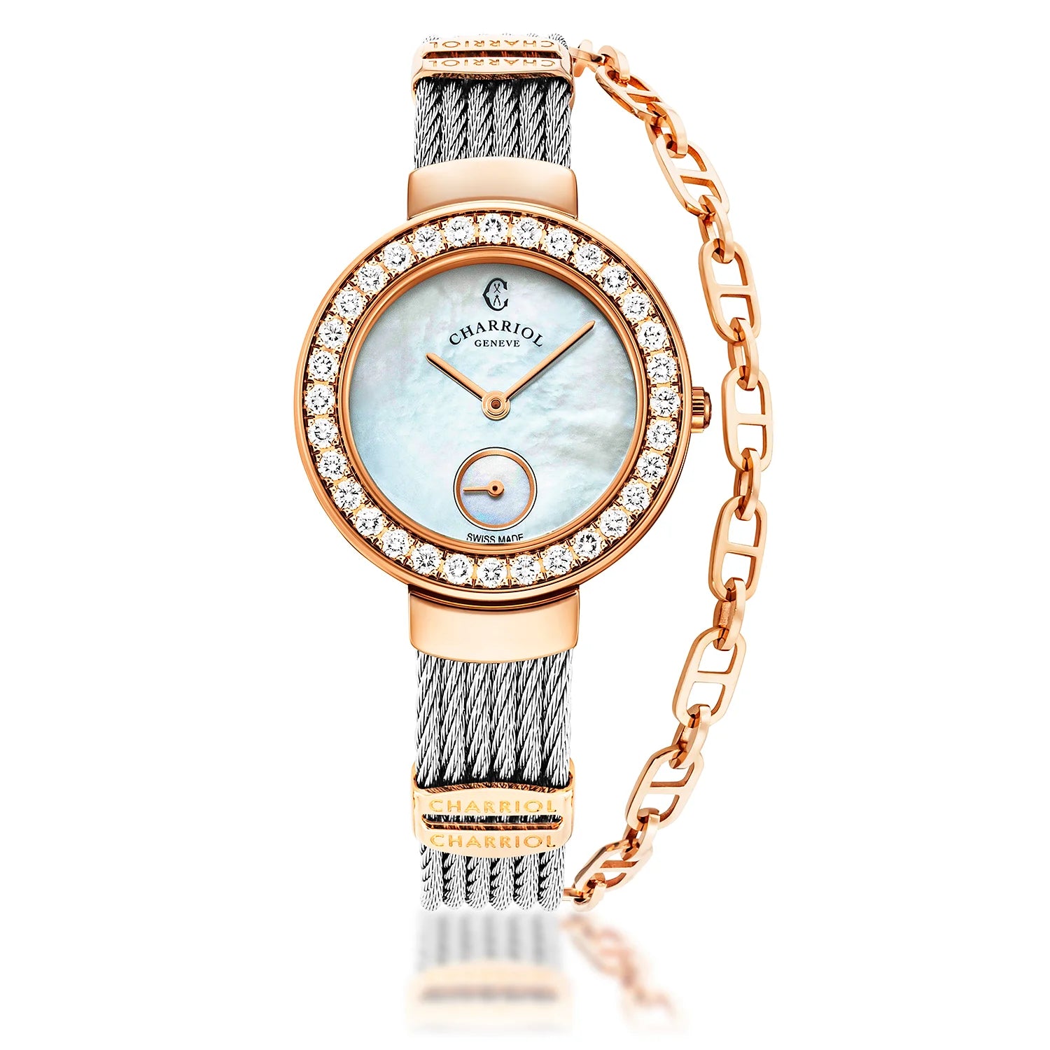 ST TROPEZ, 30MM, QUARTZ CALIBRE, WHITE MOTHER-OF-PEARL DIAL, ROSE GOLD PVD WITH 32 DIAMONDS BEZEL, STEEL CABLE BRACELET - Charriol Geneve -  Watch