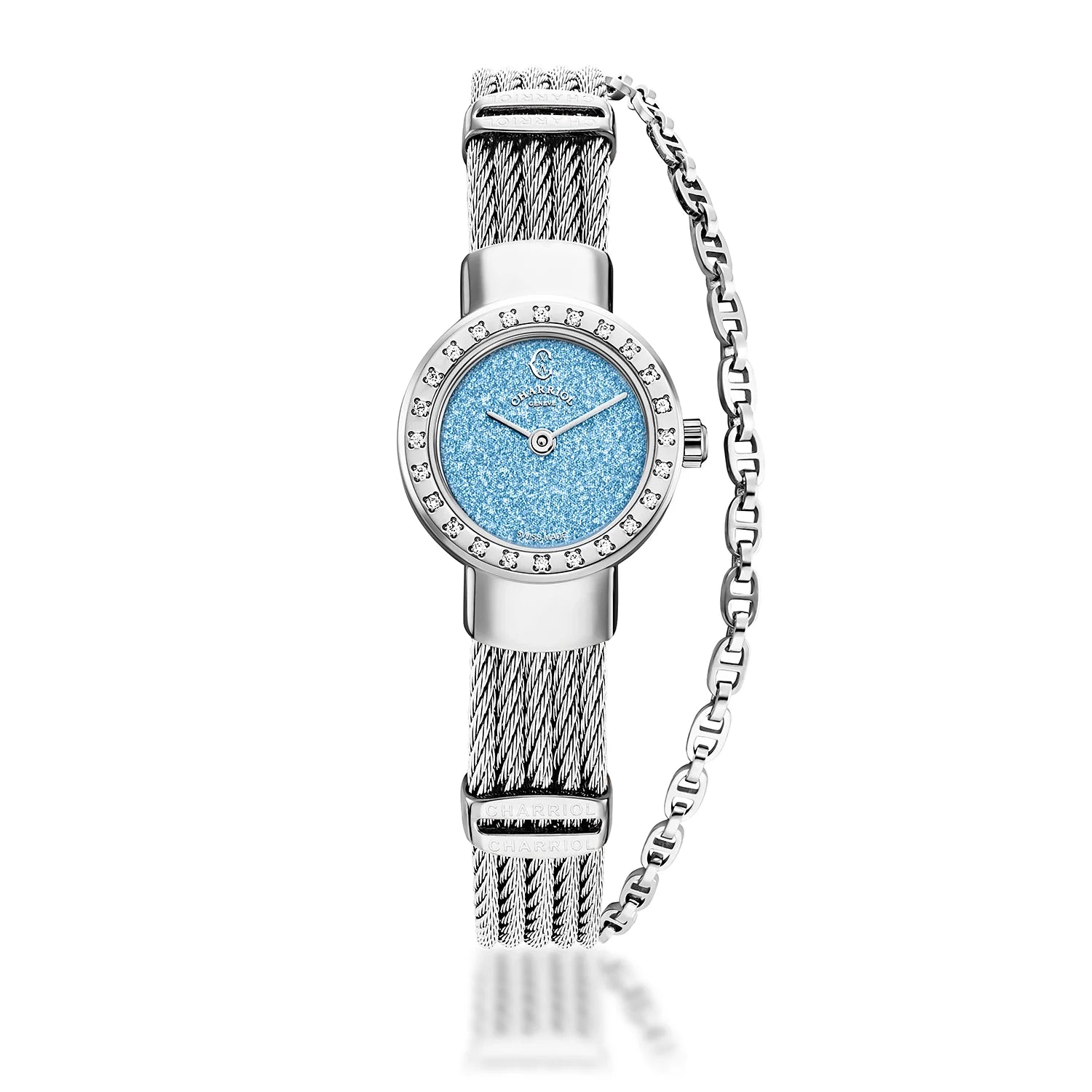 ST TROPEZ GLITTERS, 20MM, QUARTZ CALIBRE, BLUE GLITTER DIAL, 24 DIAMONDS BEZEL, STEEL CABLE BRACELET - Charriol Geneve -  Watch