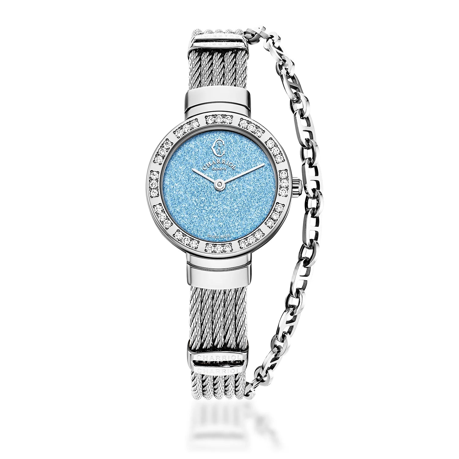 ST TROPEZ GLITTERS, 30MM, QUARTZ CALIBRE, BLUE GLITTER DIAL, 36 DIAMOND BEZEL, STEEL CABLE BRACELET - Charriol Geneve -  Watch