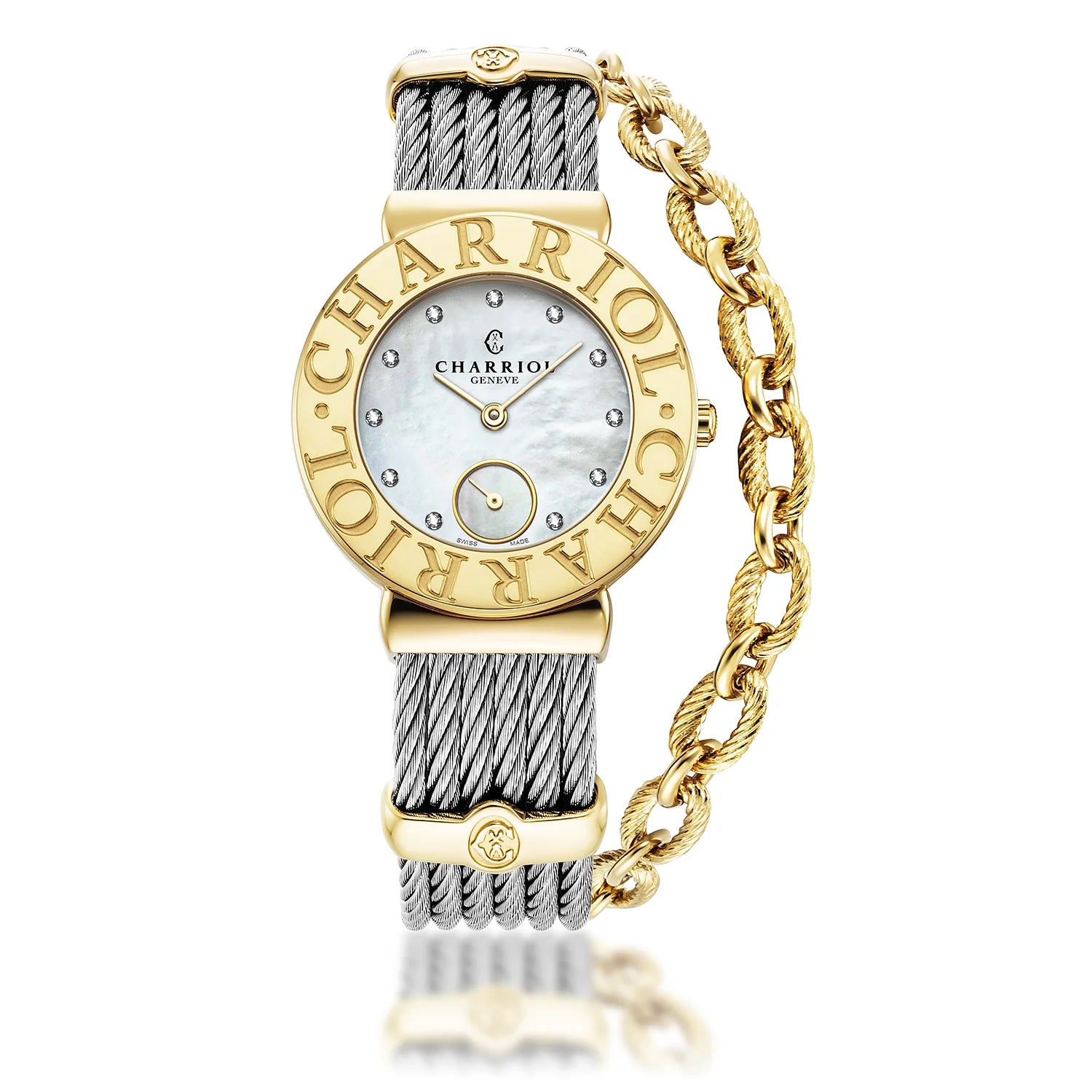 ST TROPEZ ICON, 30MM, QUARTZ CALIBRE, MOTHER-OF-PEARL WITH 11 DIAMONDS DIAL, "CHARRIOL CHARRIOL" BEZEL, STEEL CABLE BRACELET - Charriol Geneve -  Watch