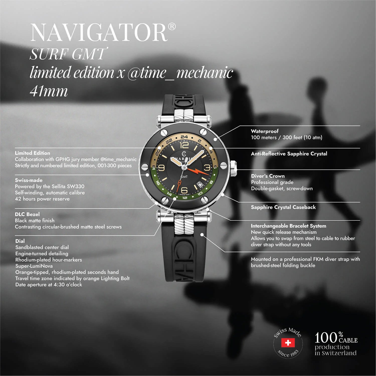 NAVIGATOR SURF GMT, 41MM, AUTOMATIC CALIBRE, BLACK DIAL, 6 SCREWS BEZEL, BLACK RUBBER INTERCHANGEABLE BRACELET, Limited Edition x @time_mechanic - Charriol Geneve -  Watch