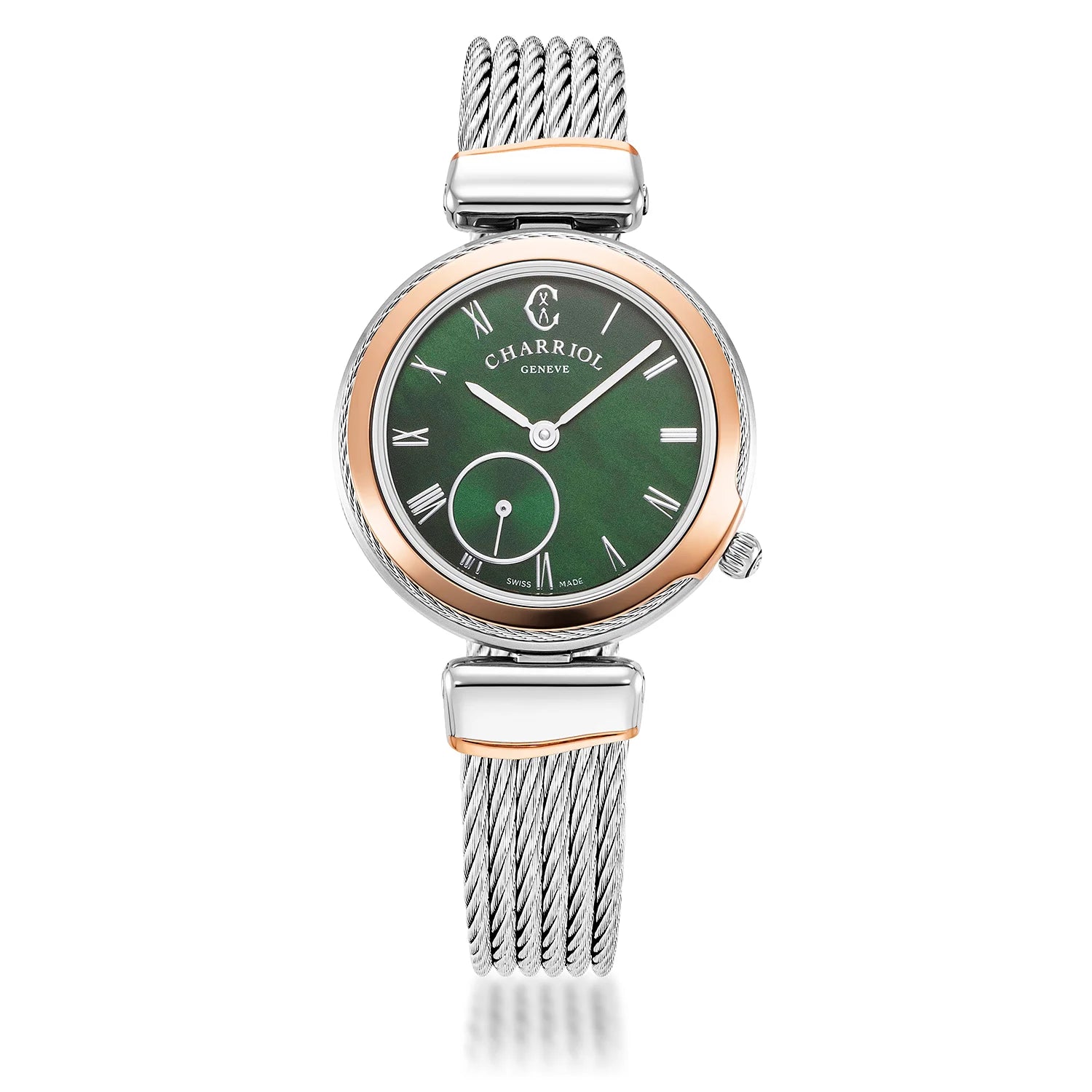 CELTIC® LEGACY, 30MM, QUARTZ CALIBRE, STEEL ROSE GOLD PVD BEZEL, GREEN DIAL WITH ROMAN FIGURES, STEEL CABLE BRACELET - BLACK FRIDAY - ©2024 Philippe Charriol International Ltd. -  Watch