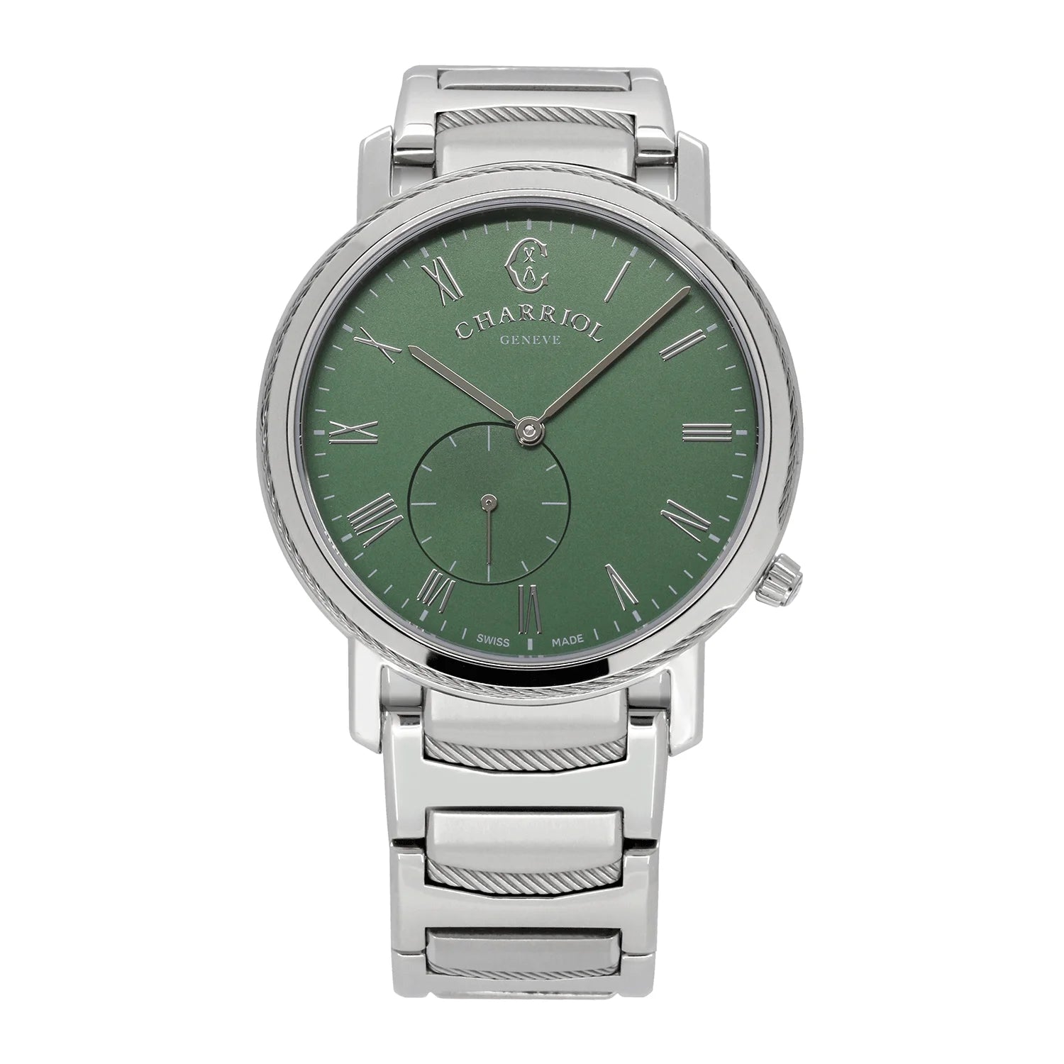 CELTIC® LEGACY, 40MM, QUARTZ CALIBRE, STEEL BEZEL, GREEN WITH ROMAN FIGURES DIAL, STEEL METAL BRACELET - BLACK FRIDAY - ©2024 Philippe Charriol International Ltd. -  Watch