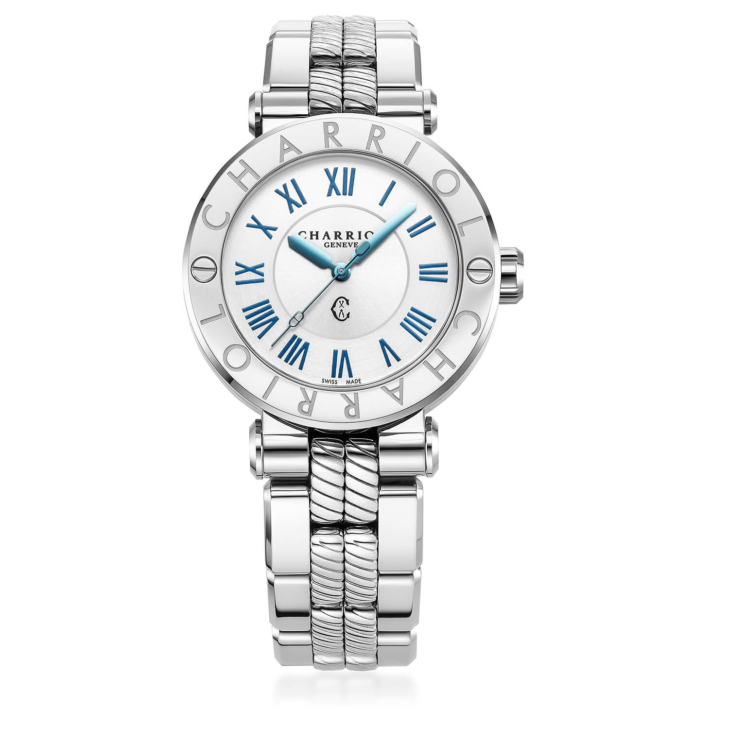 NAVIGATOR CRUISE, 41MM, QUARTZ CALIBRE, WHITE MOTHER-OF-PEARL WITH 12 ROMAN FIGURES DIAL, STEEL "CHARRIOL CHARRIOL" WITH 2 SCREWS BEZEL, METAL INTERCHANGEABLE BRACELET - © 2024 Charriol -  Watch