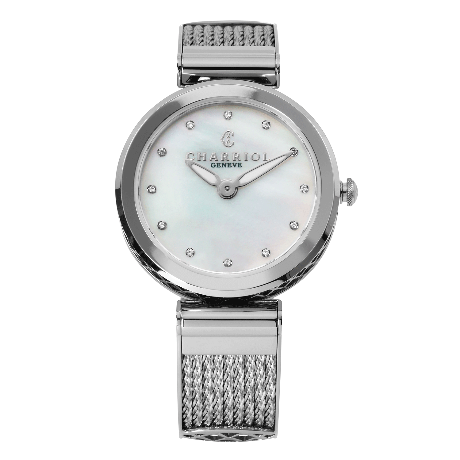 FOREVER, 32MM, QUARTZ CALIBRE, WHITE MOTHER-OF-PEARL WITH 12 SIMILIS DIAL, STEEL BEZEL, STEEL CABLE BRACELET - © 2024 Charriol -  Watch