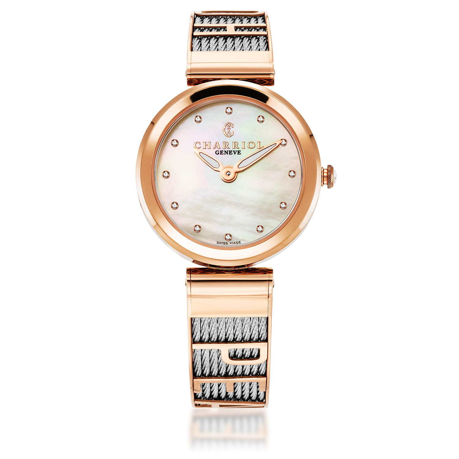 FOREVER YOURS, 32MM, QUARTZ CALIBRE, MOTHER-OF-PEARL WITH 12 DIAMONDS DIAL, ROSE GOLD PVD BEZEL, STEEL CABLE BRACELET - Charriol Geneve -  Watch