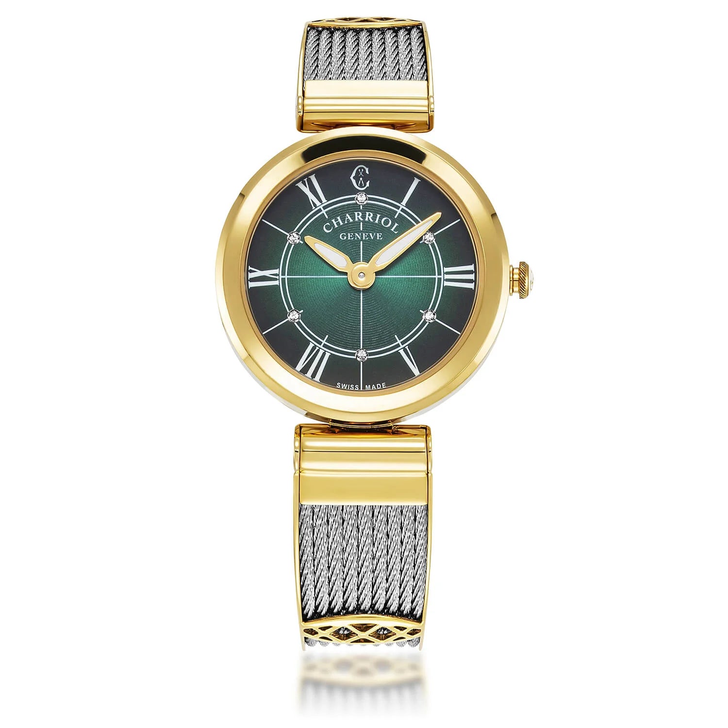 FOREVER™, 32MM, QUARTZ CALIBRE, STEEL YELLOW GOLD PVD BEZEL, GREEN WITH ROMAN FIGURES DIAL, STEEL BANGLE CABLE BRACELET - BLACK FRIDAY - ©2024 Philippe Charriol International Ltd. -  Watch