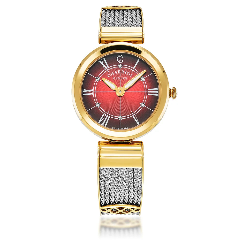 FOREVER™, 32MM, QUARTZ CALIBRE, STEEL YELLOW GOLD PVD BEZEL, RED WITH ROMAN FIGURES DIAL, STEEL BANGLE CABLE BRACELET - BLACK FRIDAY - ©2024 Philippe Charriol International Ltd. -  Watch