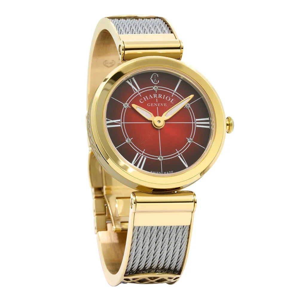 FOREVER™, 32MM, QUARTZ CALIBRE, STEEL YELLOW GOLD PVD BEZEL, RED WITH ROMAN FIGURES DIAL, STEEL BANGLE CABLE BRACELET - BLACK FRIDAY - ©2024 Philippe Charriol International Ltd. -  Watch