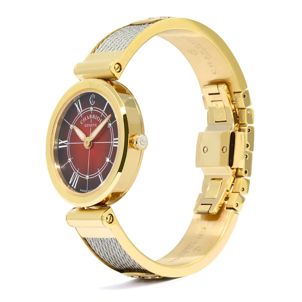 FOREVER™, 32MM, QUARTZ CALIBRE, STEEL YELLOW GOLD PVD BEZEL, RED WITH ROMAN FIGURES DIAL, STEEL BANGLE CABLE BRACELET - BLACK FRIDAY - ©2024 Philippe Charriol International Ltd. -  Watch