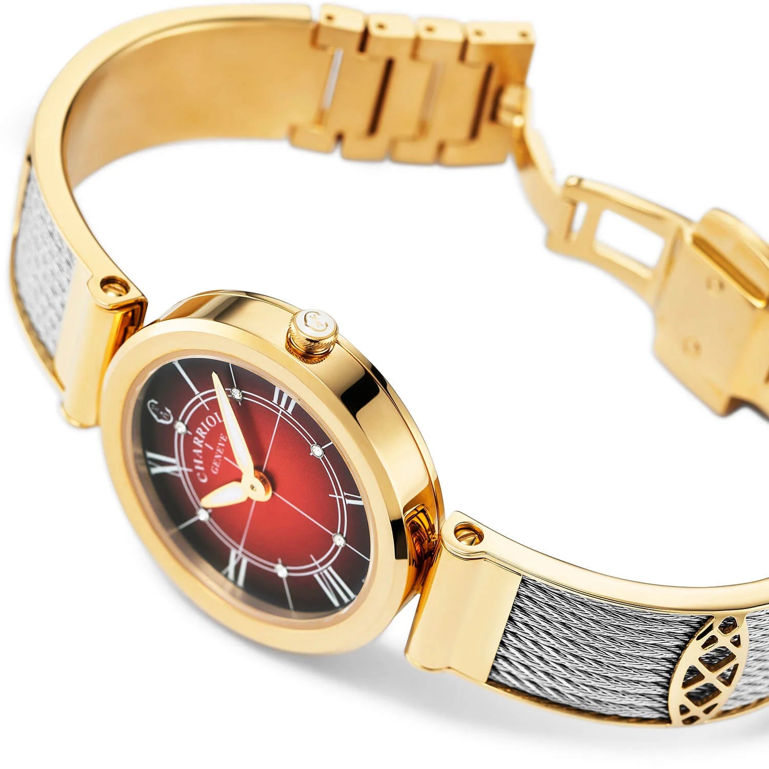 FOREVER™, 32MM, QUARTZ CALIBRE, STEEL YELLOW GOLD PVD BEZEL, RED WITH ROMAN FIGURES DIAL, STEEL BANGLE CABLE BRACELET - BLACK FRIDAY - ©2024 Philippe Charriol International Ltd. -  Watch