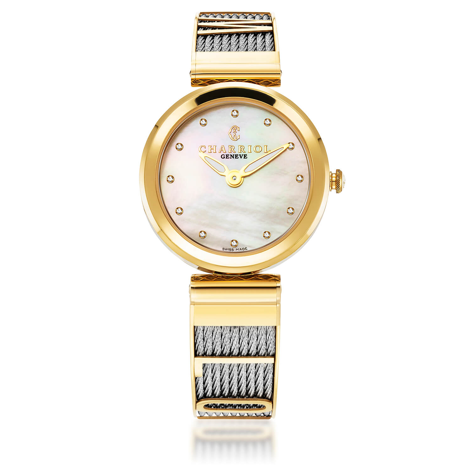 FOREVER YOURS, 32MM, QUARTZ CALIBRE, MOTHER-OF-PEARL WITH 12 DIAMONDS DIAL, YELLOW GOLD PVD BEZEL, STEEL CABLE BRACELET - Charriol Geneve -  Watch