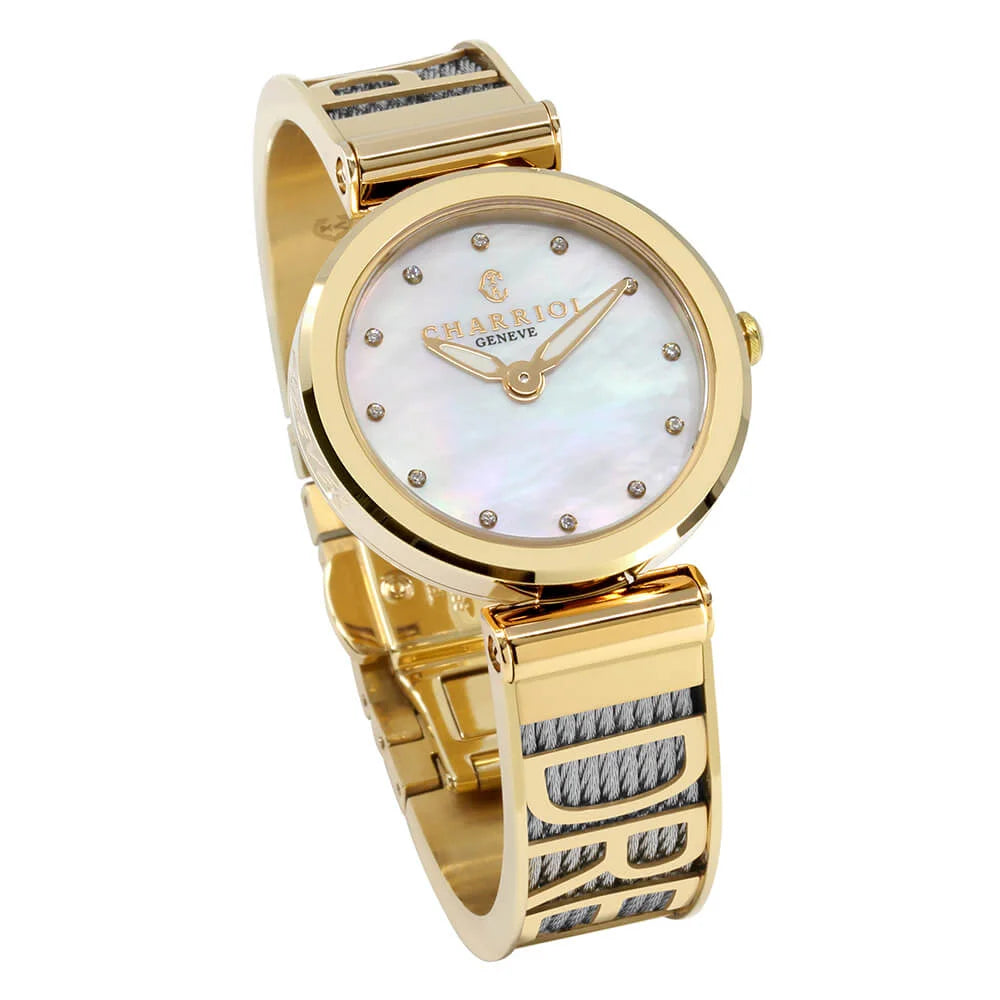 FOREVER YOURS, 32MM, QUARTZ CALIBRE, MOTHER-OF-PEARL WITH 12 DIAMONDS DIAL, YELLOW GOLD PVD BEZEL, STEEL CABLE BRACELET - Charriol Geneve -  Watch