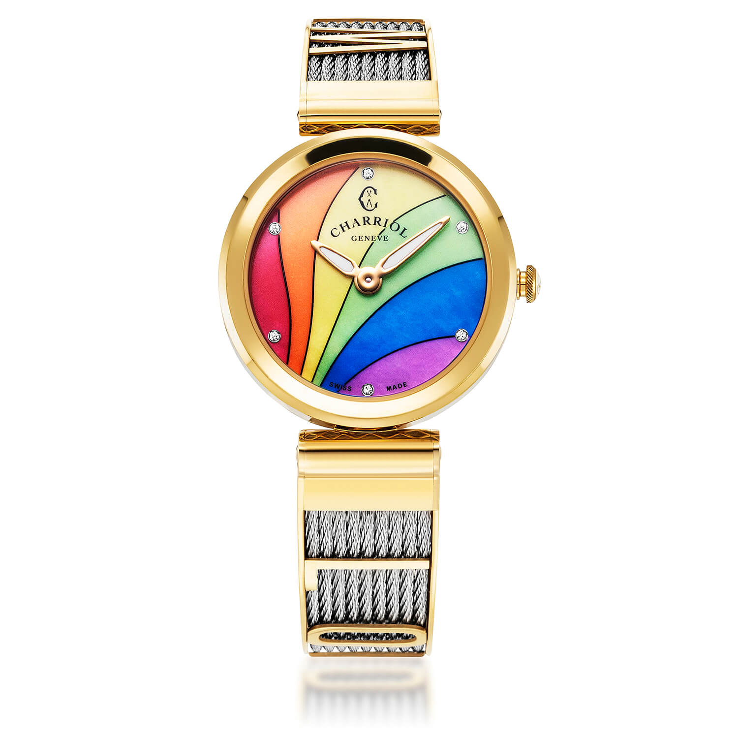FOREVER YOURS, 32MM, QUARTZ CALIBRE, RAINBOW WITH 6 ZIRCONIAS DIAL, STEEL YELLOW GOLD PVD BEZEL, STEEL CABLE BRACELET - Charriol Geneve -  Watch