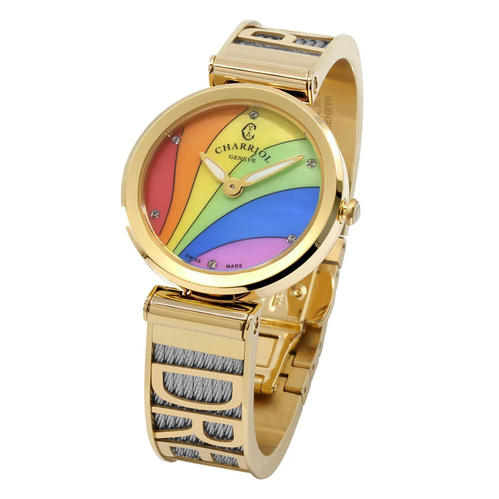 FOREVER YOURS, 32MM, QUARTZ CALIBRE, RAINBOW WITH 6 ZIRCONIAS DIAL, STEEL YELLOW GOLD PVD BEZEL, STEEL CABLE BRACELET & YELLOW GOLD PVD DECORS - Charriol Geneve -  Watch