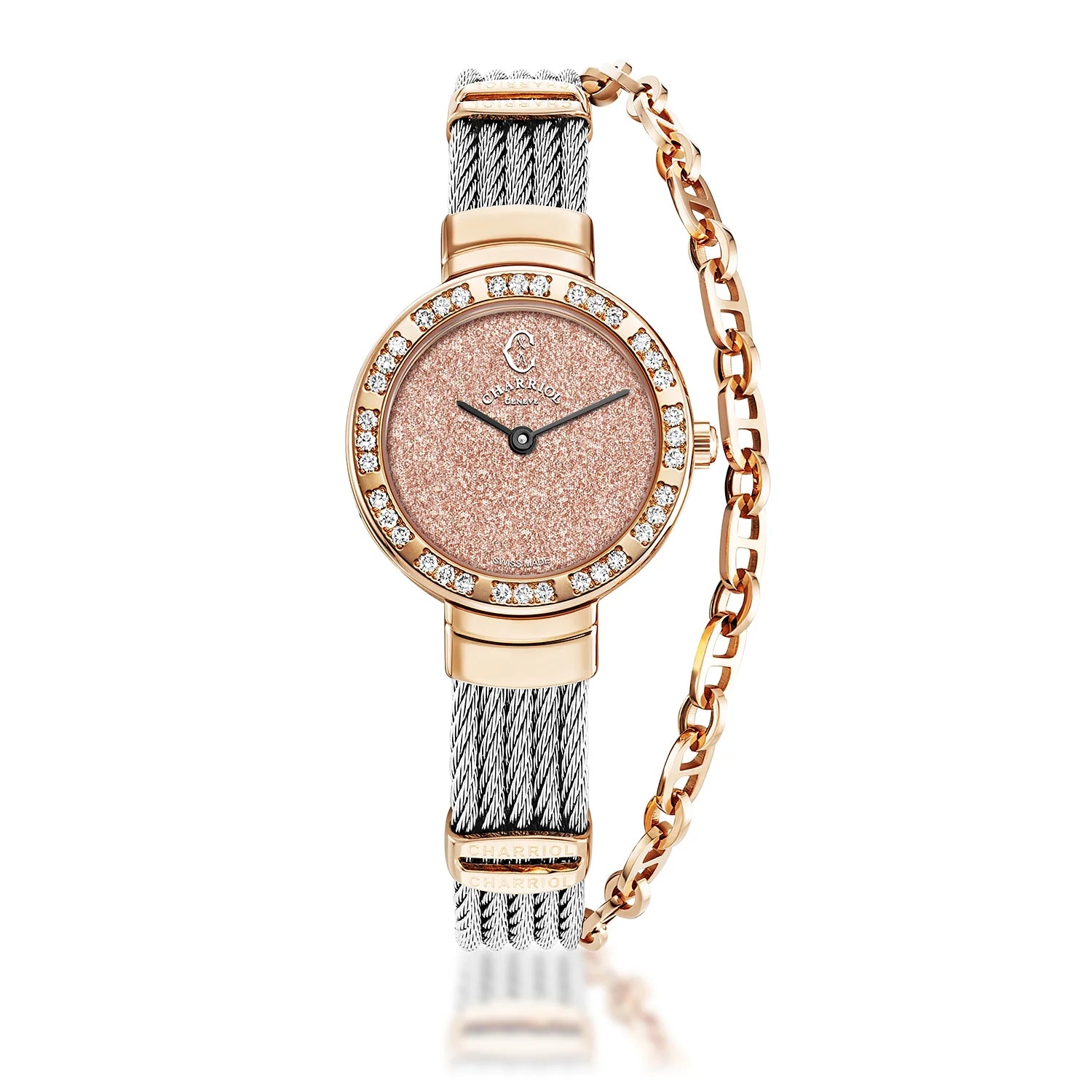 ST TROPEZ®, 25MM, QUARTZ CALIBRE, ROSE GOLD PVD WITH 36 DIAMONDS BEZEL, SALMON GLITTER DIAL, STEEL CABLE BRACELET - BLACK FRIDAY - ©2024 Philippe Charriol International Ltd. -  Watch