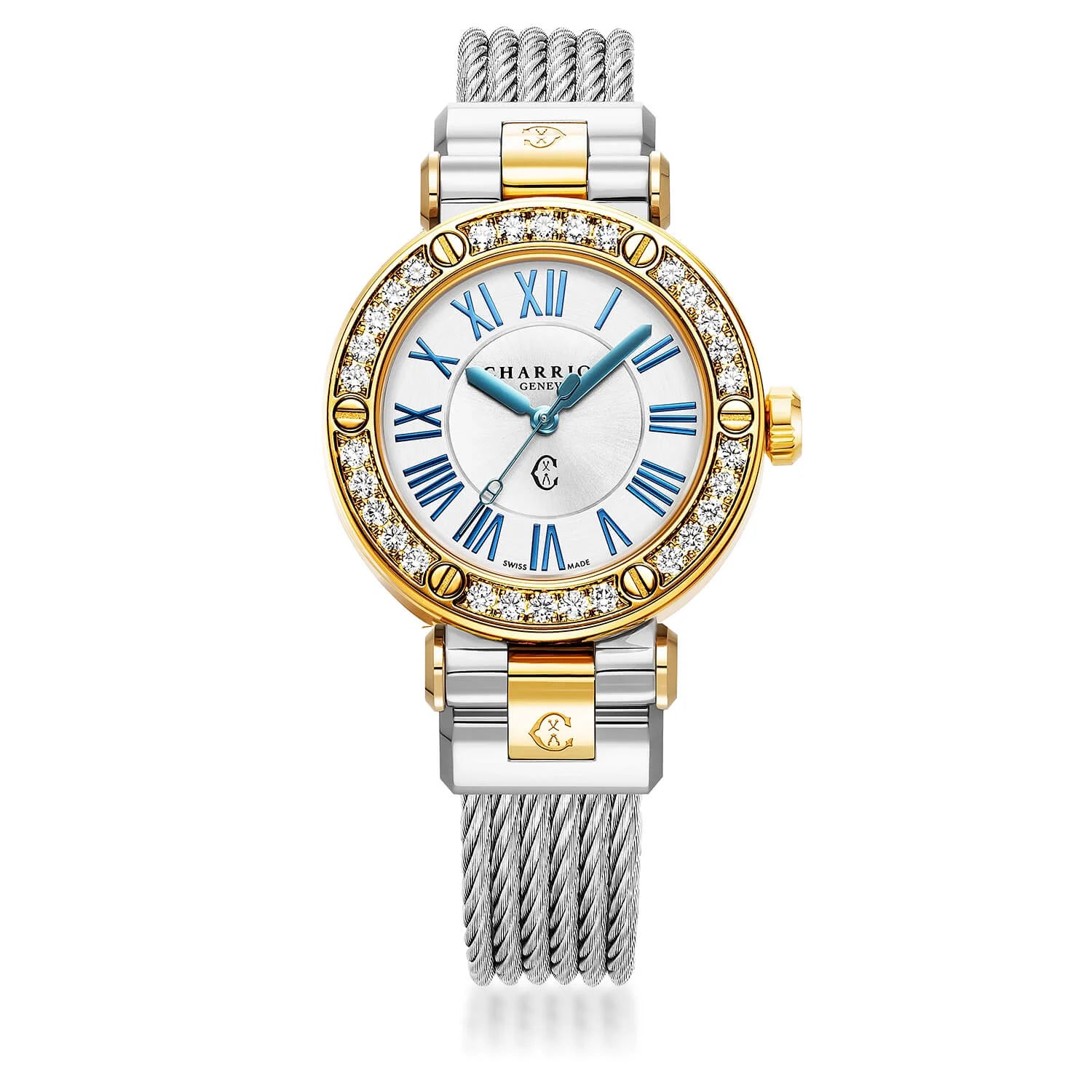 NAVIGATOR CRUISE, 36MM, QUARTZ CALIBRE, WHITE MOTHER-OF-PEARL WITH ROMAN FIGURES, STEEL YELLOW GOLD PVD WITH 30 DIAMONDS & 6 YELLOW GOLD PVD SCREWS BEZEL, STEEL INTERCHANGEABLE CABLE BRACELET WITH YELLOW GOLD PVD ATTACHED - © 2024 Charriol -  Watch