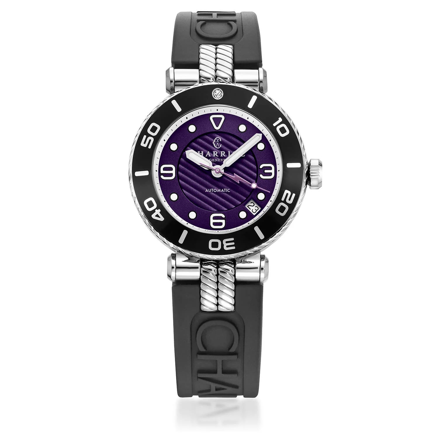 NAVIGATOR SURF, 36MM, AUTOMATIC CALIBRE, BLACK WITH 1 DIAMOND BEZEL, PURPLE DIAL, BLACK RUBBER INTERCHANGEABLE BRACELET - ©2024 Philippe Charriol International Ltd. -  Watch