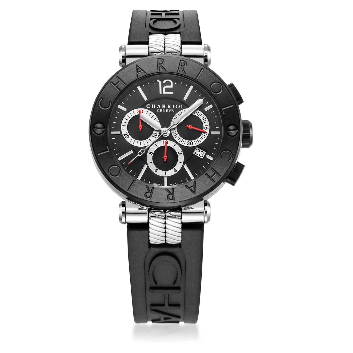 NAVIGATOR CRUISE, 41MM, QUARTZ CHRONOGRAPH CALIBRE, BLACK WITH RED CROSSES DIAL, STEEL BLACK PVD "CHARRIOL CHARRIOL" BEZEL, BLACK RUBBER INTERCHANGEABLE STRAP BRACELET - © 2024 Charriol -  Watch