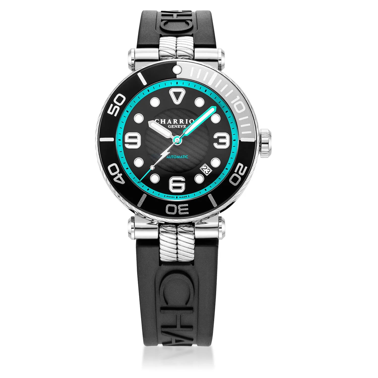 NAVIGATOR SURF, 41MM, AUTOMATIC CALIBRE, BLACK WITH TURQUOISE DIAL, BLACK & SILVER DIVER BEZEL, BLACK RUBBER INTERCHANGEABLE BRACELET - © 2024 Charriol -  Watch