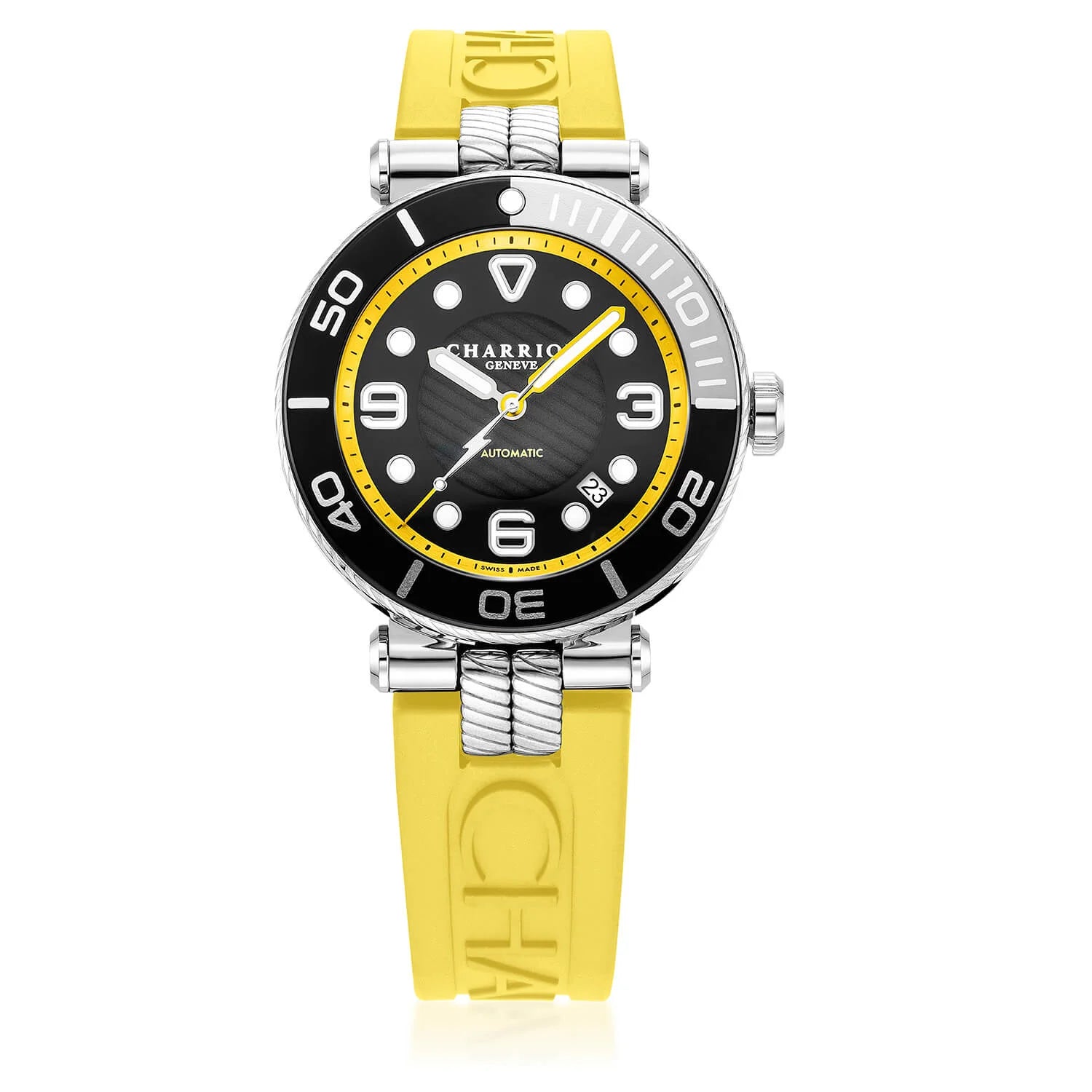 NAVIGATOR SURF, 41MM, AUTOMATIC CALIBRE, BLACK AND YELLOW LUMINOVA DIAL, BLACK AND SILVER BEZEL, YELLOW RUBBER INTERCHANGEABLE BRACELET - © 2024 Charriol -  Watch